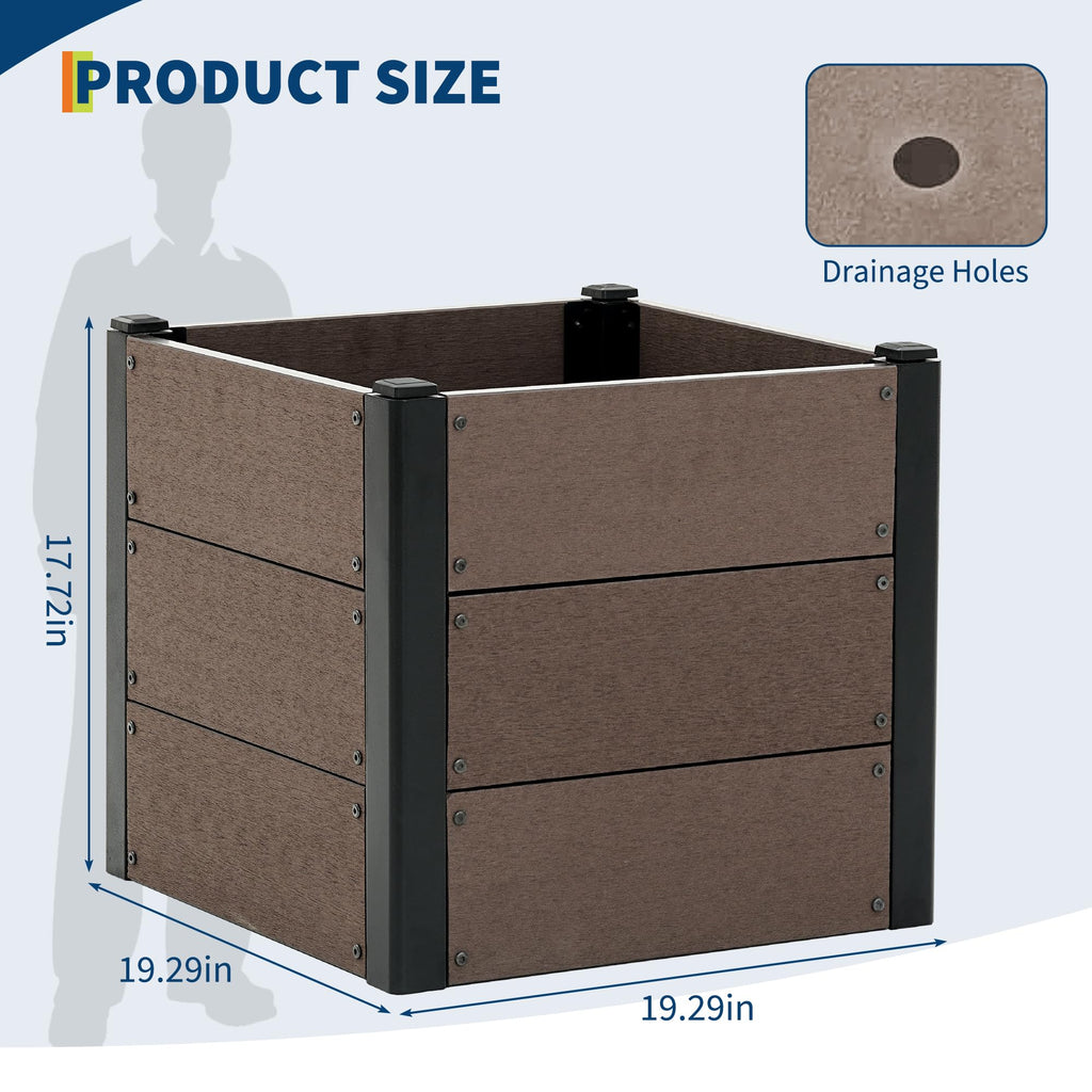 Garvee 19" × 19" × 17" Wood-Look Composite Raised Garden Bed, Planter Box with Bottom Panel & Drainage, Brown