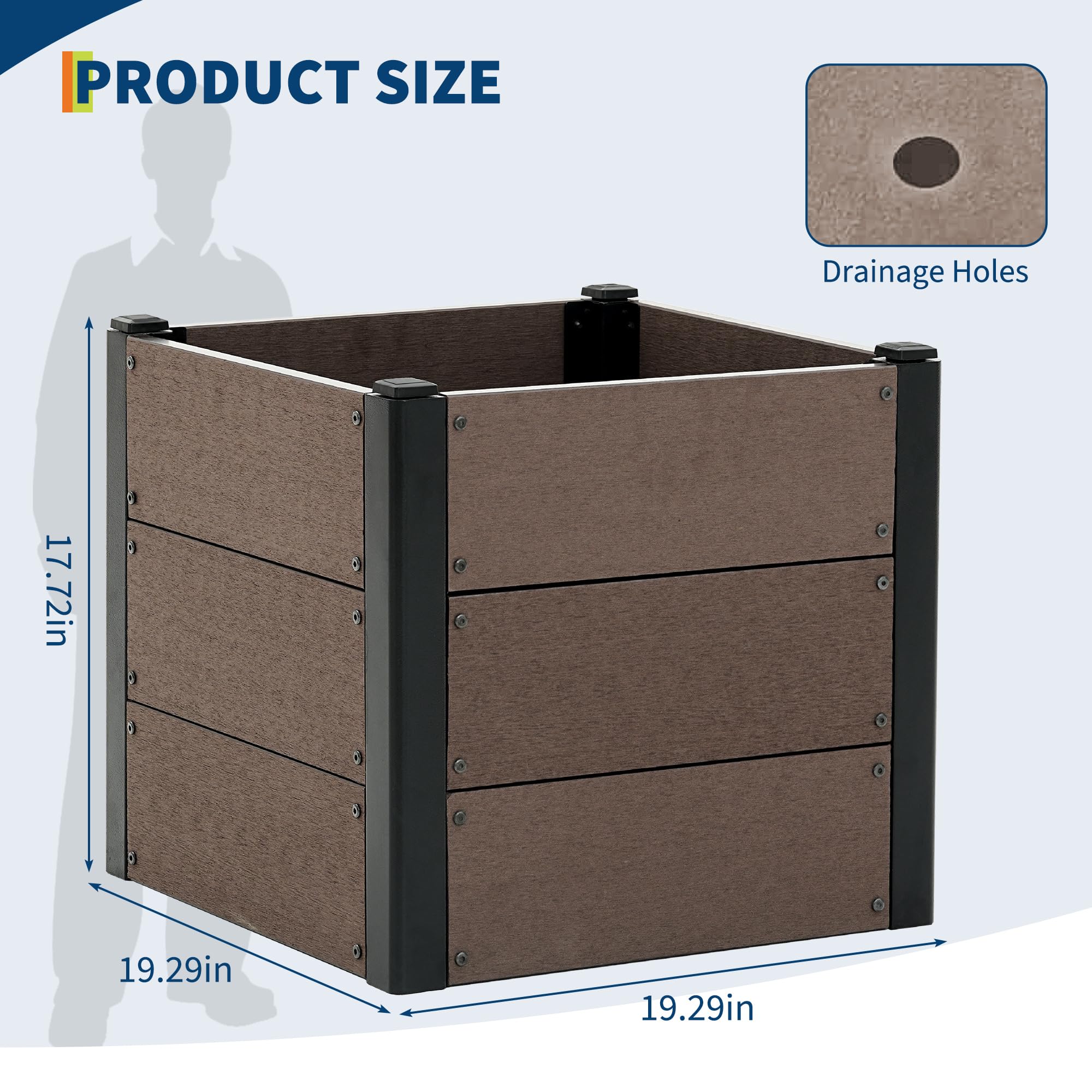 Garvee 19" × 19" × 17" Wood-Look Composite Raised Garden Bed, Planter Box with Bottom Panel & Drainage, Brown