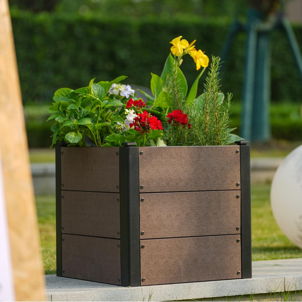 Garvee 19" × 19" × 17" Wood-Look Composite Raised Garden Bed, Planter Box with Bottom Panel & Drainage, Brown