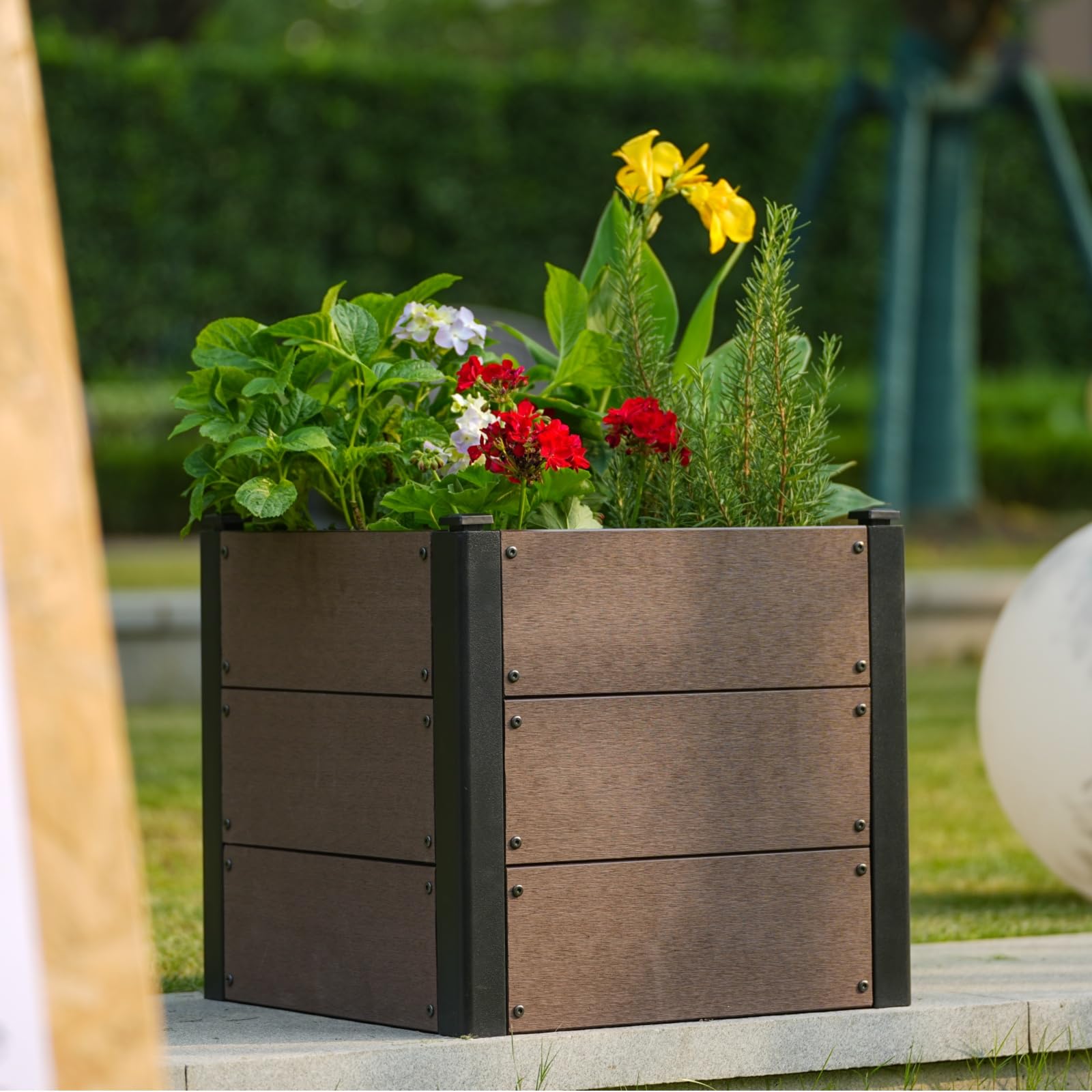 Garvee 19" × 19" × 17" Wood-Look Composite Raised Garden Bed, Planter Box with Bottom Panel & Drainage, Brown