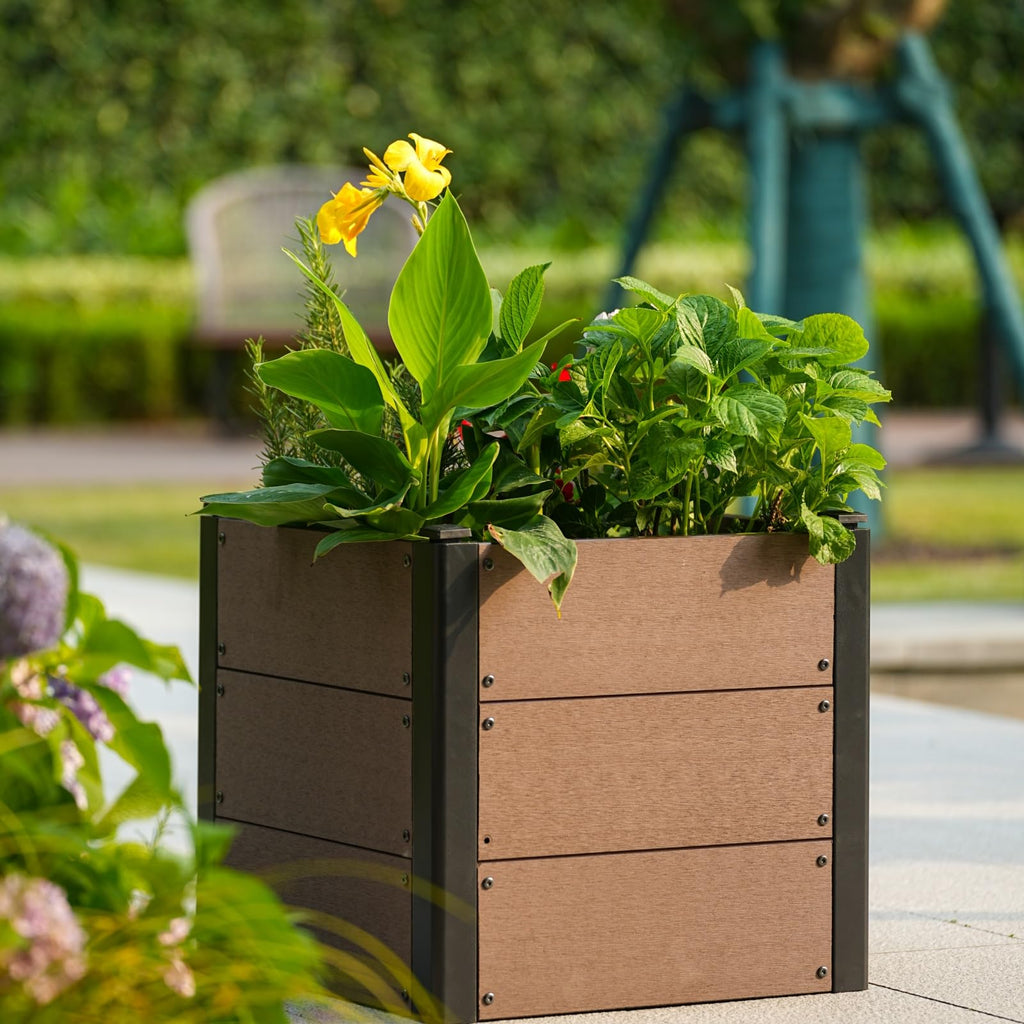 Garvee 19" × 19" × 17" Wood-Look Composite Raised Garden Bed, Planter Box with Bottom Panel & Drainage, Brown