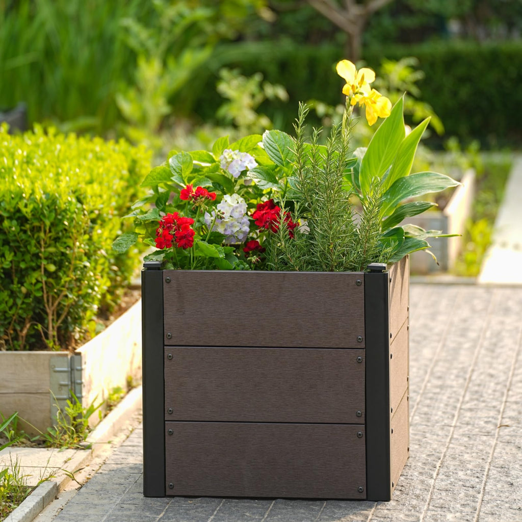 Garvee 19" × 19" × 17" Wood-Look Composite Raised Garden Bed, Planter Box with Bottom Panel & Drainage, Brown