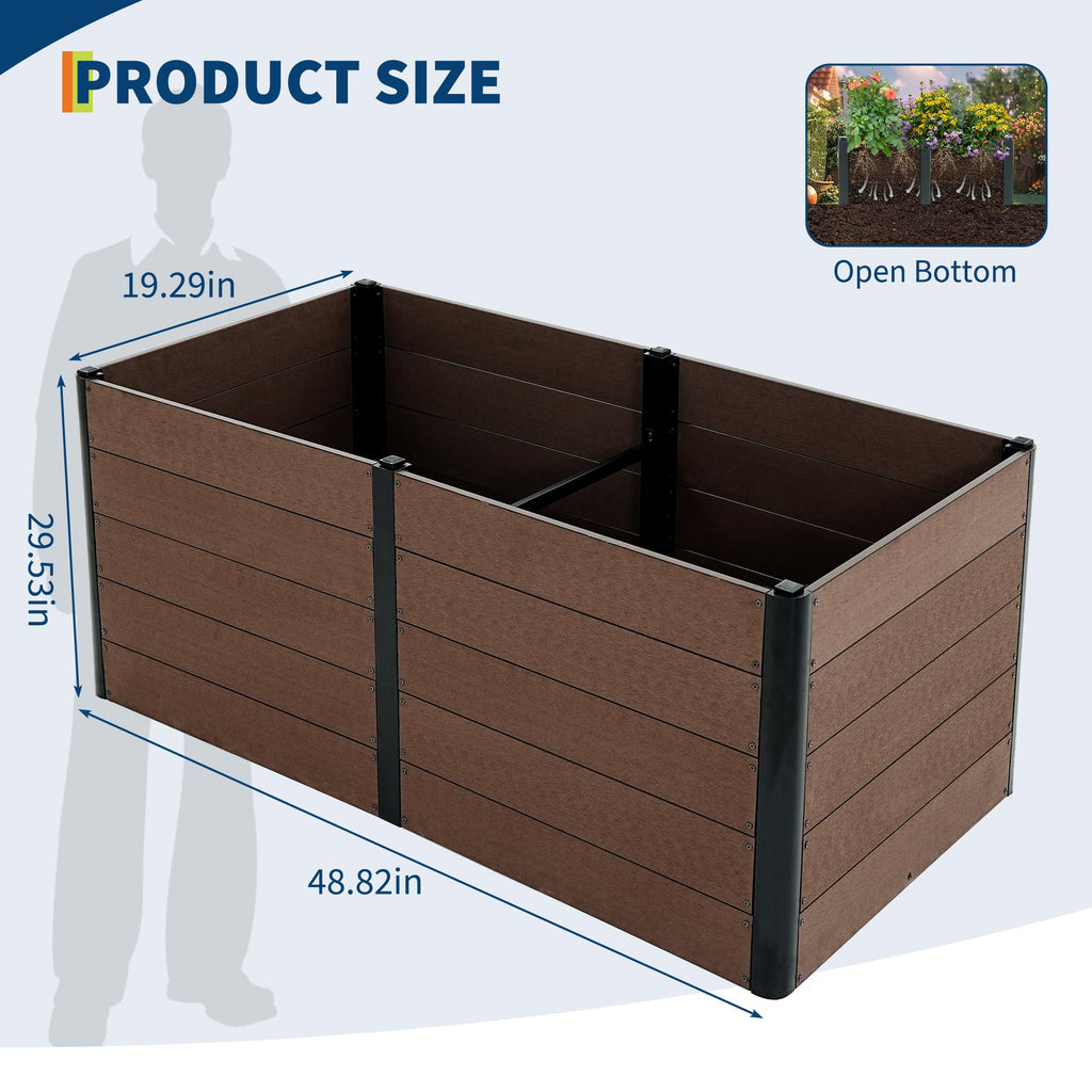 Garvee 48" × 25" × 29" Wood-Look Composite Raised Garden Bed, Open-Bottom Deep Planter Box, Brown