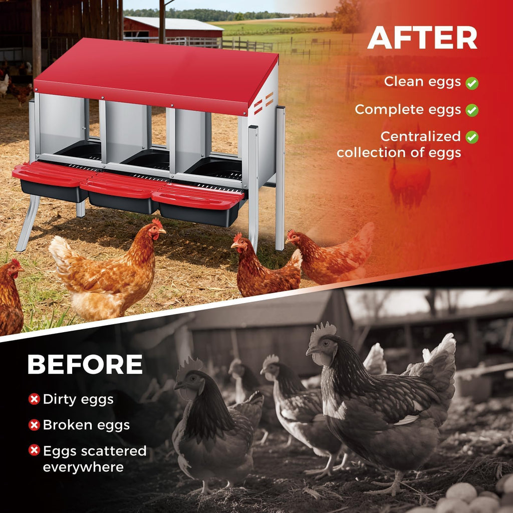 Garvee Chicken Nesting Box, 3 Compartments Metal Roll Away Nest Box with  Pads &Legs for Chicken Coop Lid Cover to Protect Eggs,Easy Egg Collection and Easy Wall Mounting