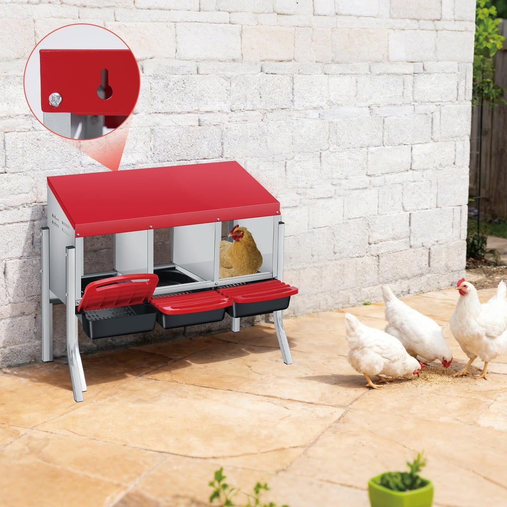 Garvee Chicken Nesting Box, 3 Compartments Metal Roll Away Nest Box with  Pads &Legs for Chicken Coop Lid Cover to Protect Eggs,Easy Egg Collection and Easy Wall Mounting