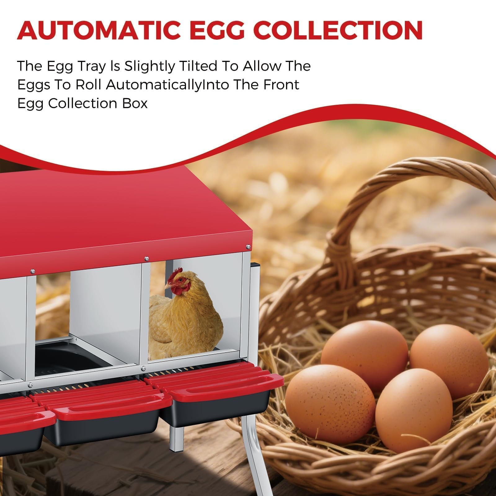 Garvee Chicken Nesting Box, 3 Compartments Metal Roll Away Nest Box with  Pads &Legs for Chicken Coop Lid Cover to Protect Eggs,Easy Egg Collection and Easy Wall Mounting