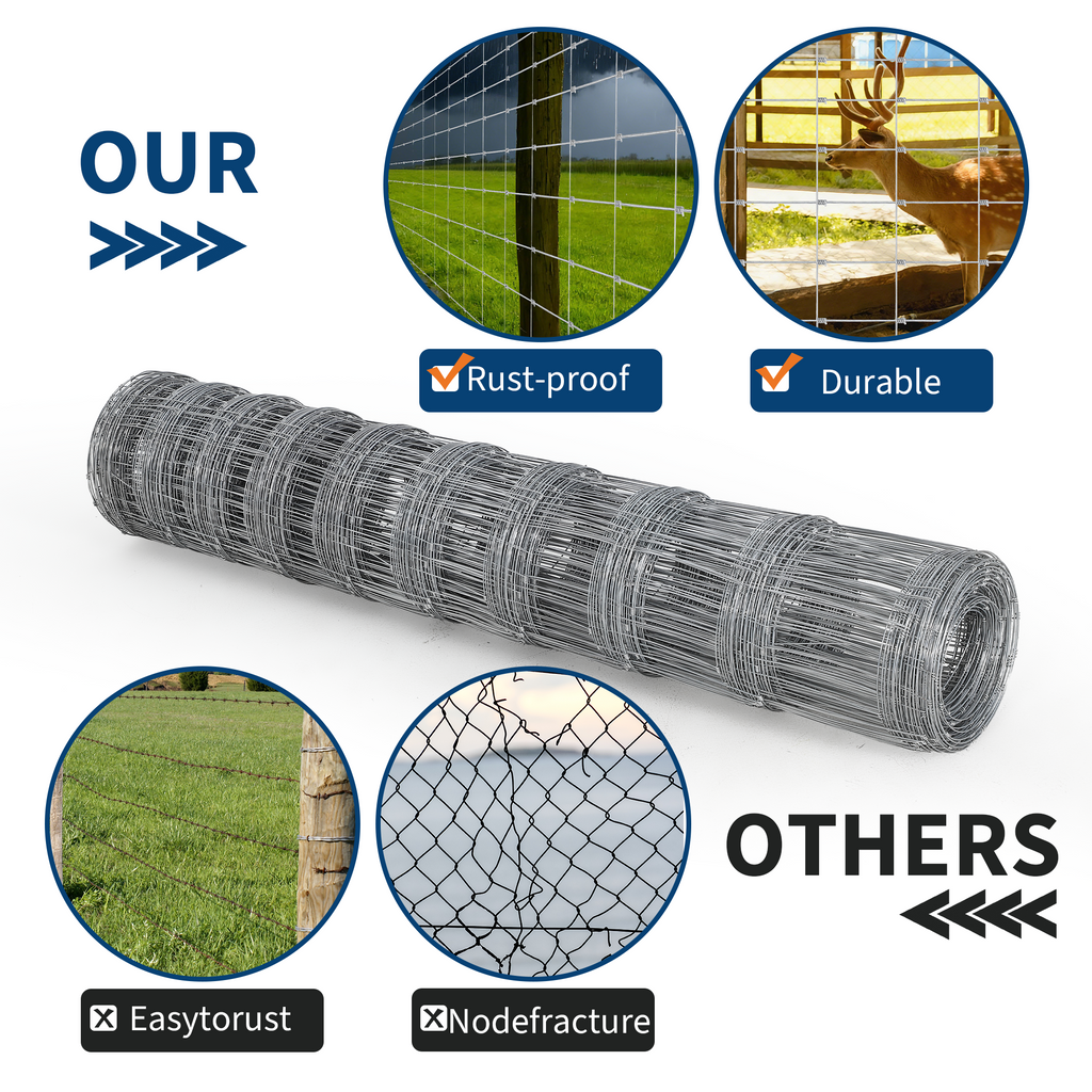 Garvee Livestock Fence, 4Ft x 164Ft Galvanized Wire Fencing, Cattle Farm Fence, Deer Fences, Heavy Zinc Goat Fences for Goat Deer Yard Livestock Protection