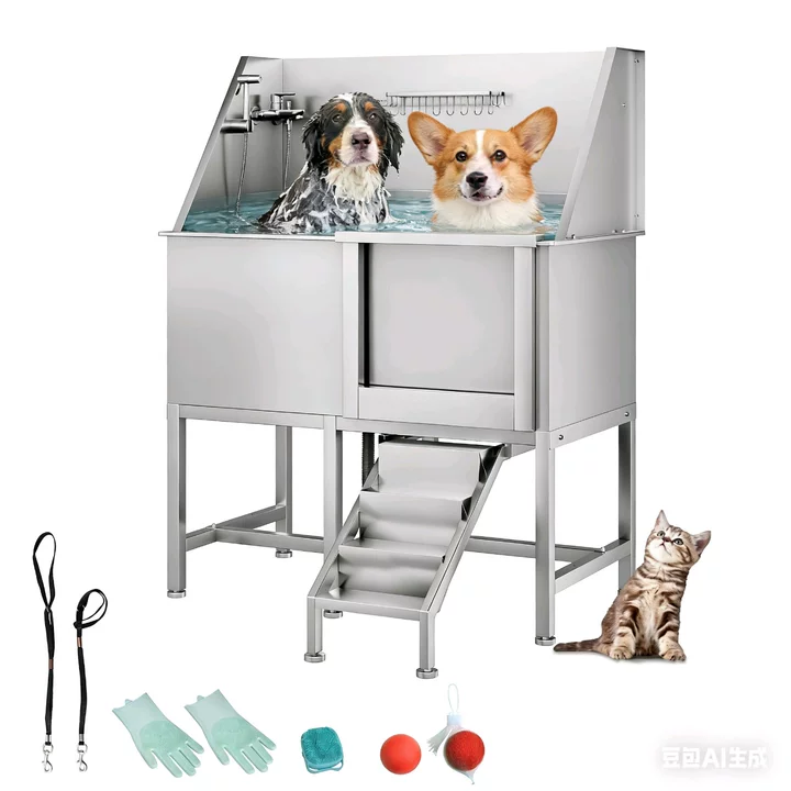 Garvee 50" Pet Dog Bathing Station, Stainless Steel Dog Bathtub W/Ramp, Floor Grate, Dog Bath Brush, Washing Gloves for Home, Professional Dog Washing Station for Pets, Right Door