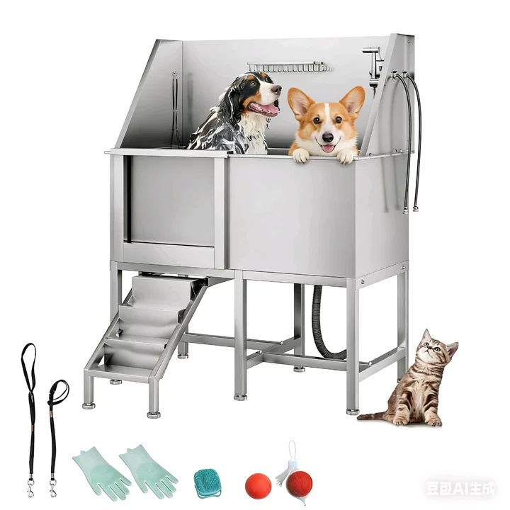 Garvee 50" Pet Dog Bathing Station, Stainless Steel Dog Bathtub W/Ramp, Floor Grate, Dog Bath Brush, Washing Gloves for Home, Professional Dog Washing Station for Pets, Left Door