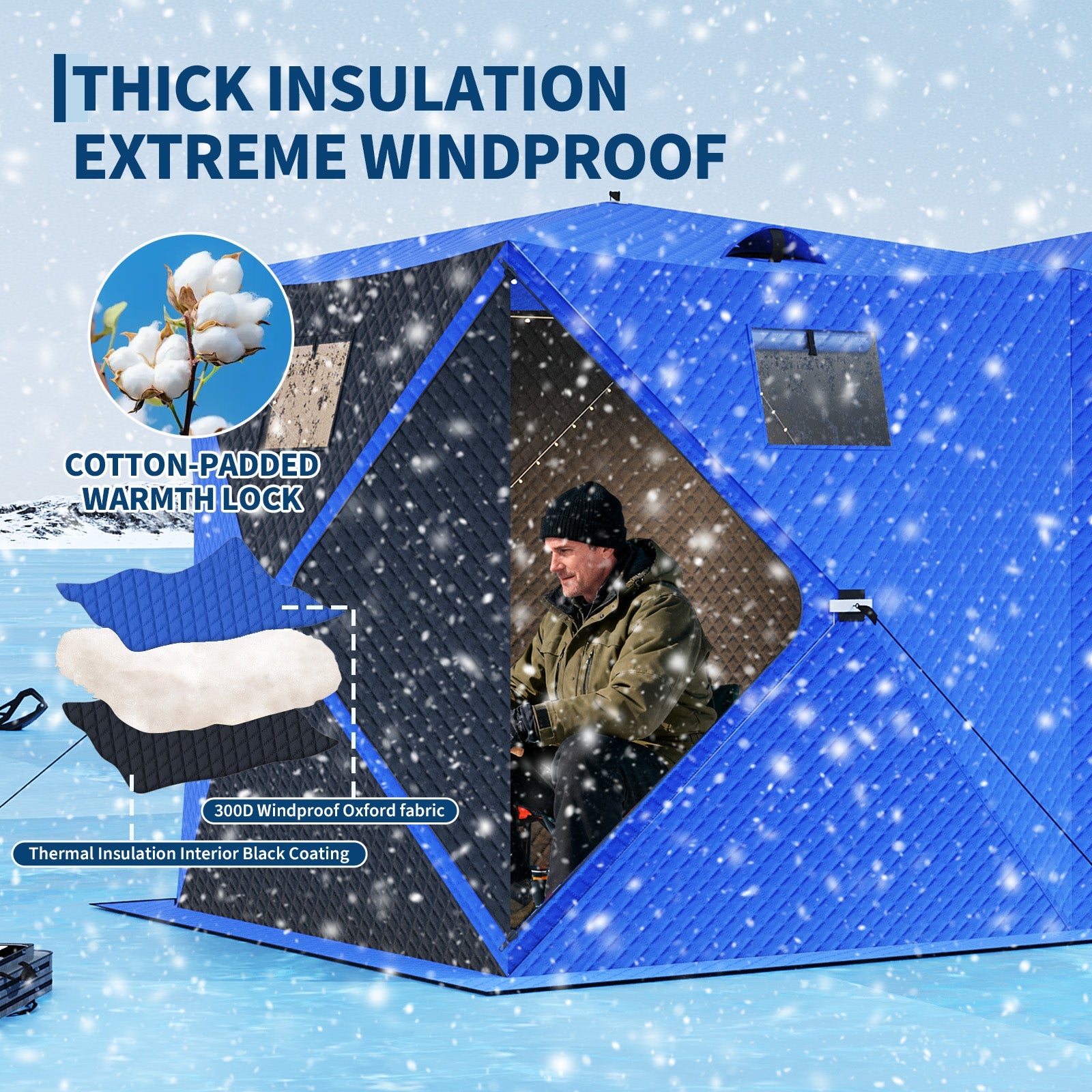 Garvee Insulated Pop-Up Ice Fishing Tent – 5-7 Person Shelter with Double Zippered Doors, 2x49ft LED Light Strips, Weather-Resistant, Windproof, Easy Setup, Carry Bag, Anchors, Battery Packs – Blue + 2 Side Black, 141.73x70.8x77.74in, 2x15m Light Strips