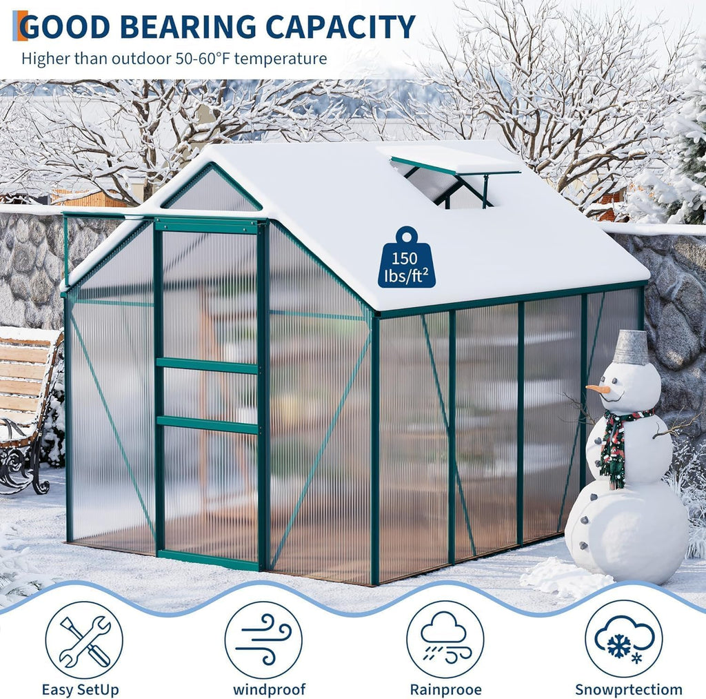 Garvee 6 x 8 FT Polycarbonate Greenhouse with Aluminum Frame, Sliding Door & Adjustable Roof Vent, Heavy-Duty Outdoor Greenhouse for Backyard, Garden, Patio