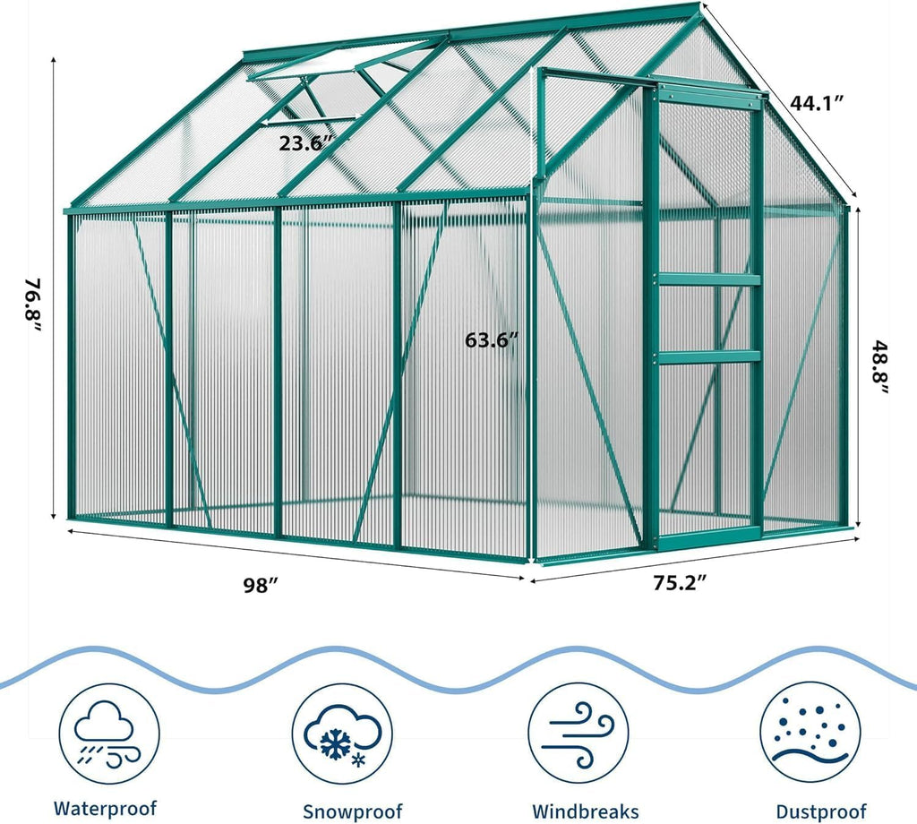 Garvee 6 x 8 FT Polycarbonate Greenhouse with Aluminum Frame, Sliding Door & Adjustable Roof Vent, Heavy-Duty Outdoor Greenhouse for Backyard, Garden, Patio
