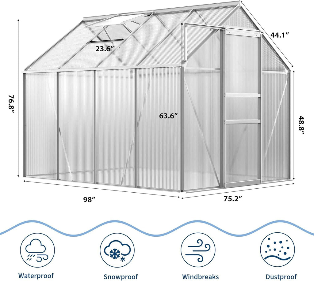 Garvee Walk-in Greenhouse 6x8 FT Aluminum Frame with Roof Vent Rain Gutter Sliding Door Perfect for Outdoor Patio Backyard Garden Apartment Balcony