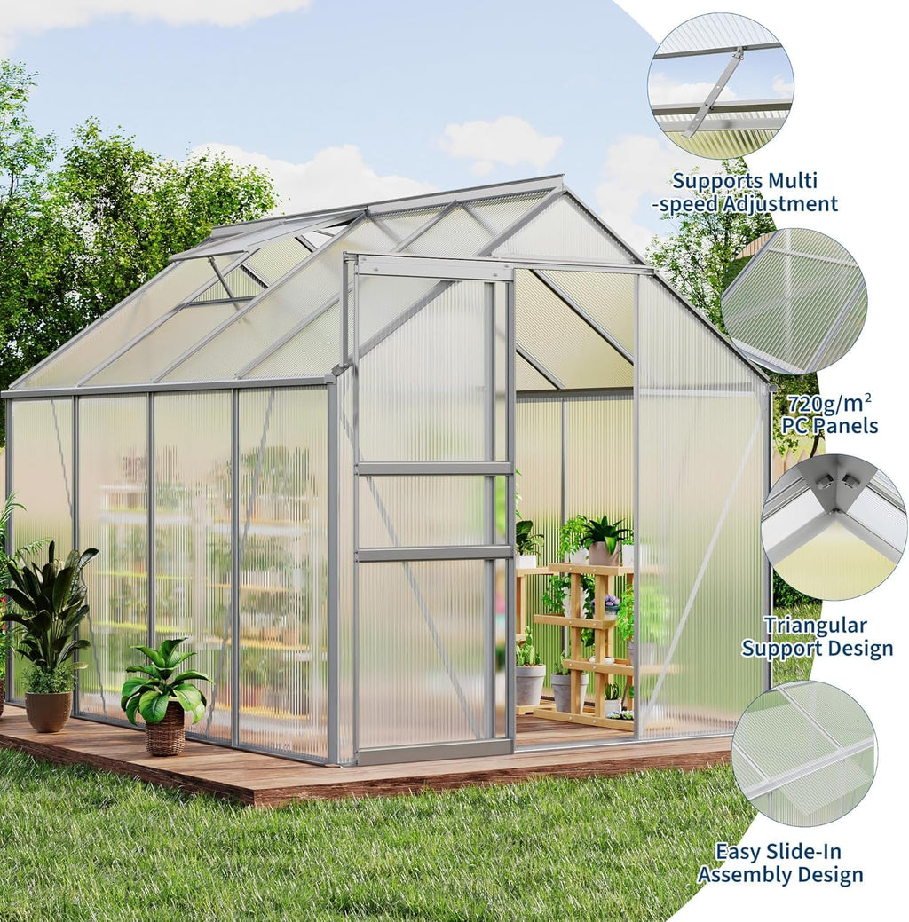 Garvee Walk-in Greenhouse 6x8 FT Aluminum Frame with Roof Vent Rain Gutter Sliding Door Perfect for Outdoor Patio Backyard Garden Apartment Balcony