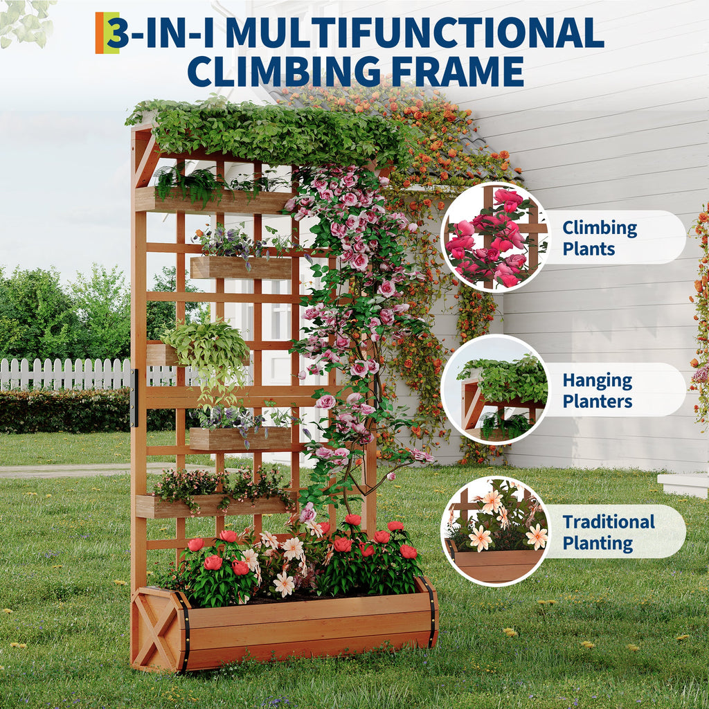 Garvee 67" Tall Wooden Raised Garden Bed with Trellis & Roof – Large Elevated Planter Box with Legs, Hooks & Drainage – Ideal for Outdoor Vegetables, Flowers, Climbing Plants – Sturdy Planter for Patio, Yard, Balcony – Brown