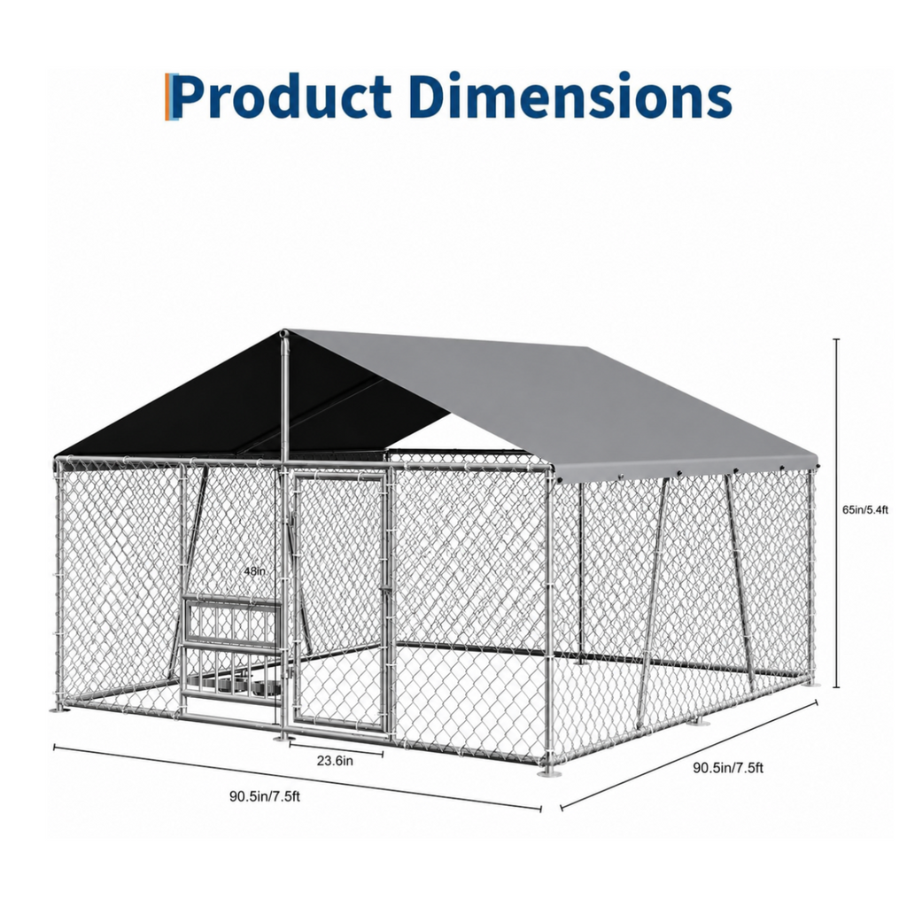 Garvee Large Outdoor Dog Kennel, Heavy Duty Metal Dog Run with Waterproof UV-Resistant Roof, Lockable Door & Rotating Feeder, 7.5×7.5×5.4 ft