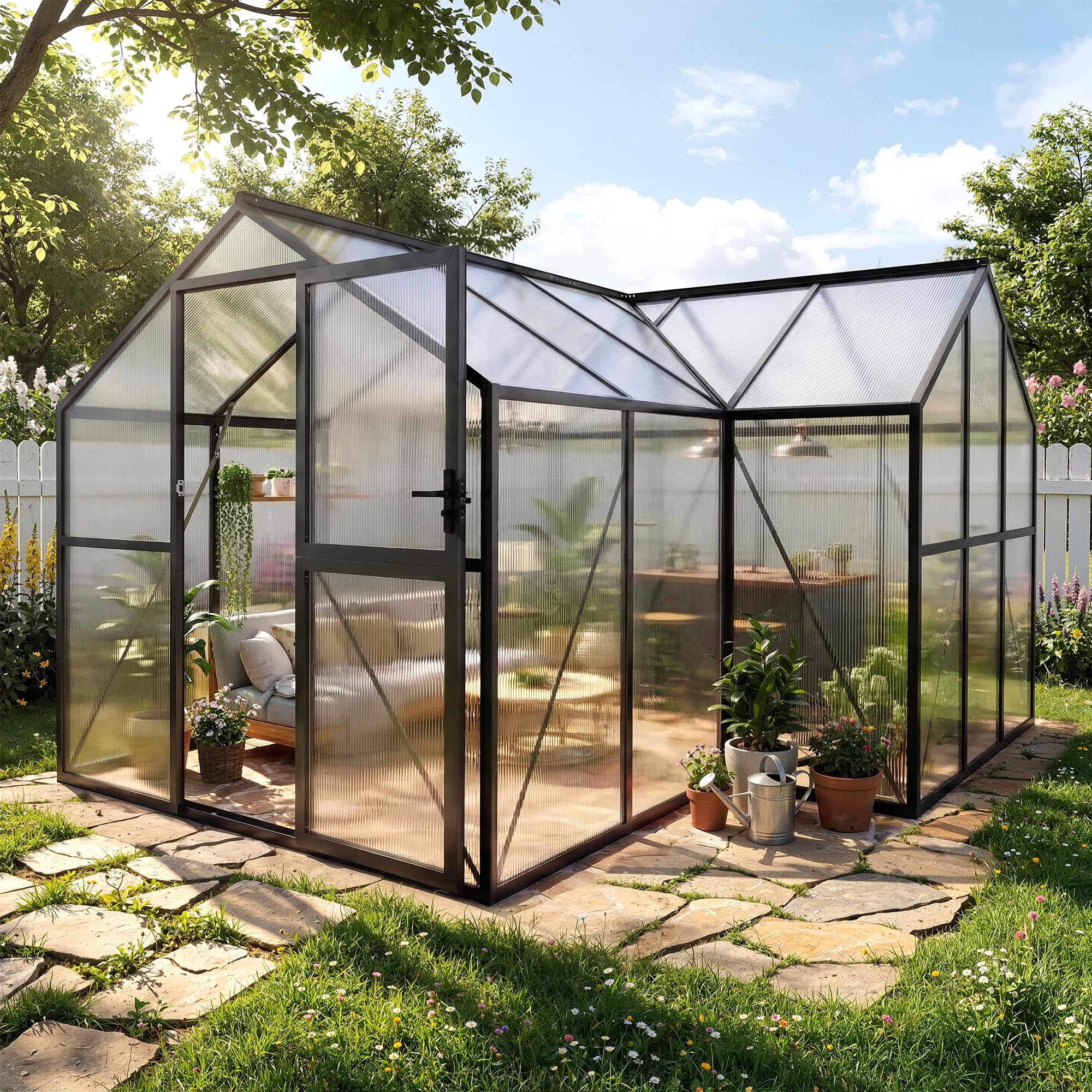 Garvee Walk-in Greenhouse 12×12 ft, 6mm Twin-Wall Polycarbonate Panels, 7 ft Peak Aluminum Frame with Roof Vent for Backyard Garden