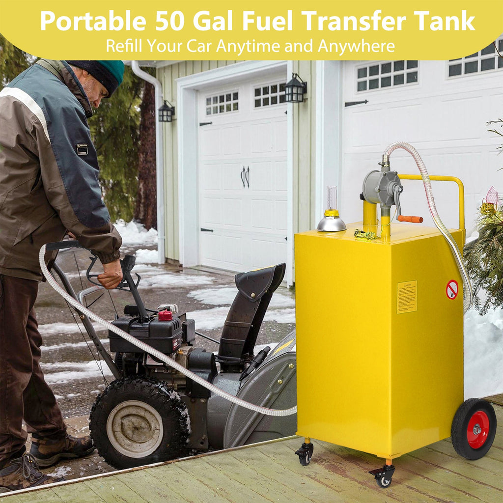 Garvee Heavy Duty Portable Fuel Caddy – 50 Gallon HDPE Transfer Tank with Manual Two-Way Pump, Grounding Wire, Spill-Proof Design, Visible Fuel Gauge – 4 Wheels – For Car, Truck, Boat, Farm, Garage – Yellow