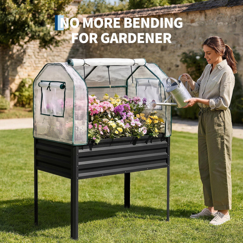 Garvee Raised Garden Bed with Legs 48" × 24" × 55", Black Galvanized Metal Planter with PE Cover, 31.5" Height & Spray Tube