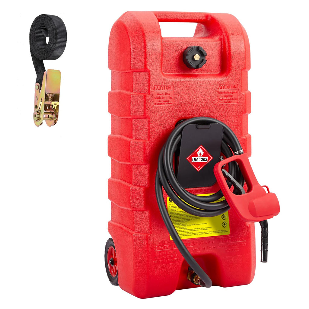 Garvee 2-Pack 15 Gallon Portable Fuel Caddy with Manual Pump - Heavy-Duty Fuel Transfer Tank with Storage Toolbox, 10FT Delivery Hose, Mobile Gas Caddy for Cars, Lawn Mowers, and Boats, Yellow + Red