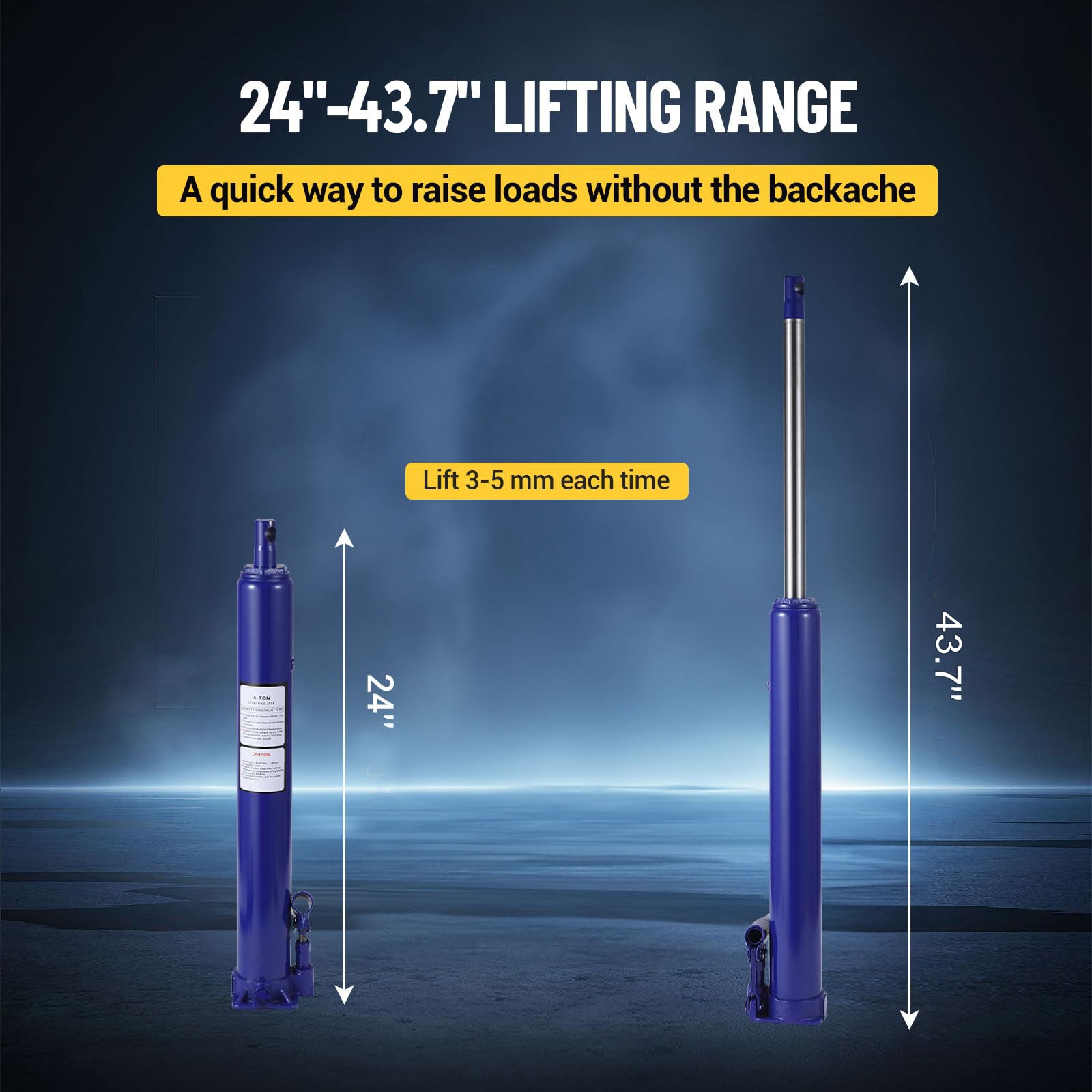 Garvee 8 Ton Hydraulic Long Ram Jack with Single Piston Pump, Flat Base, 24-43.7 Inch Lift for Truck Engine Hoist