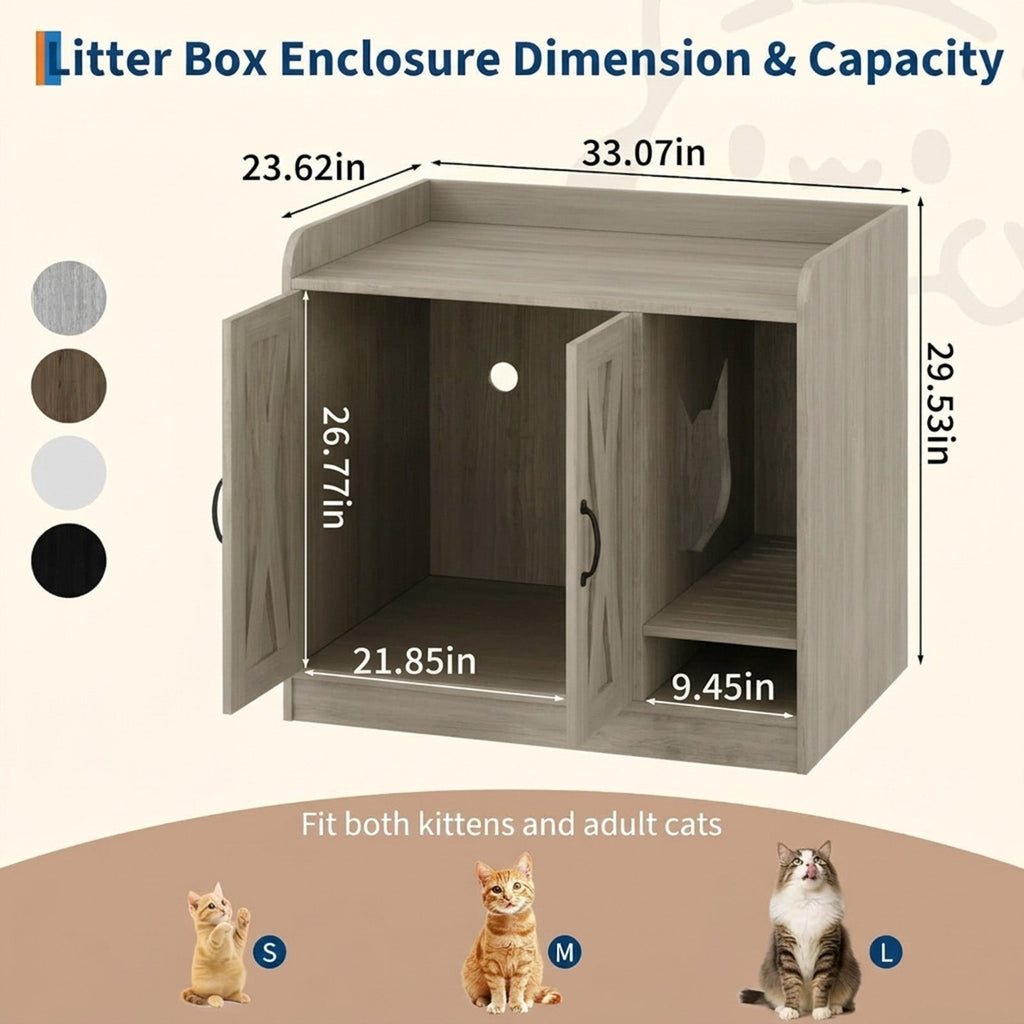 Garvee Cat Litter Box Enclosure, Hidden Litter Box Furniture with Divider, Indoor Cat House, Wooden Cat Washroom Storage Cabinet Bench, Side End Table Nightstand, 33.07"L × 23.62"W × 23.92"H, Gray