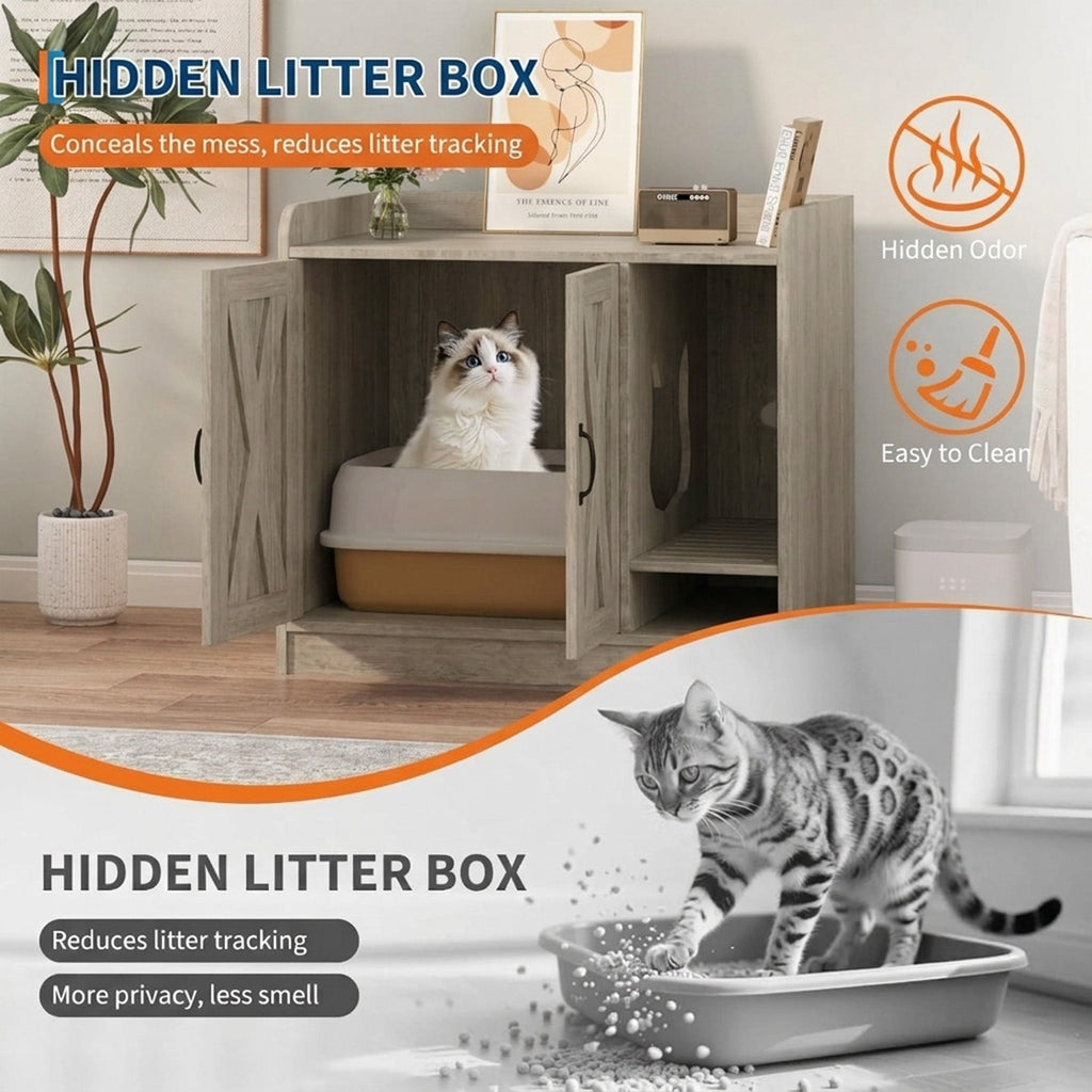 Garvee Cat Litter Box Enclosure, Hidden Litter Box Furniture with Divider, Indoor Cat House, Wooden Cat Washroom Storage Cabinet Bench, Side End Table Nightstand, 33.07"L × 23.62"W × 23.92"H, Gray