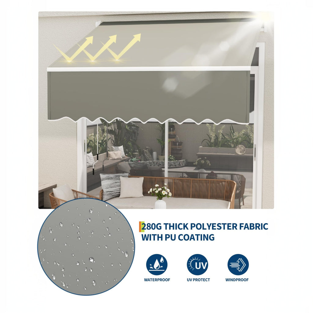 Garvee 10' x 8' Manual Retractable Patio Awning, Waterproof  Sun Shade with Aluminum Frame, 280g Polyester Canopy for Deck & Porch, Grey