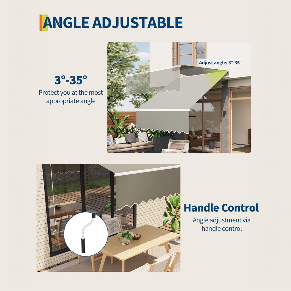Garvee 10' x 8' Manual Retractable Patio Awning, Waterproof  Sun Shade with Aluminum Frame, 280g Polyester Canopy for Deck & Porch, Grey
