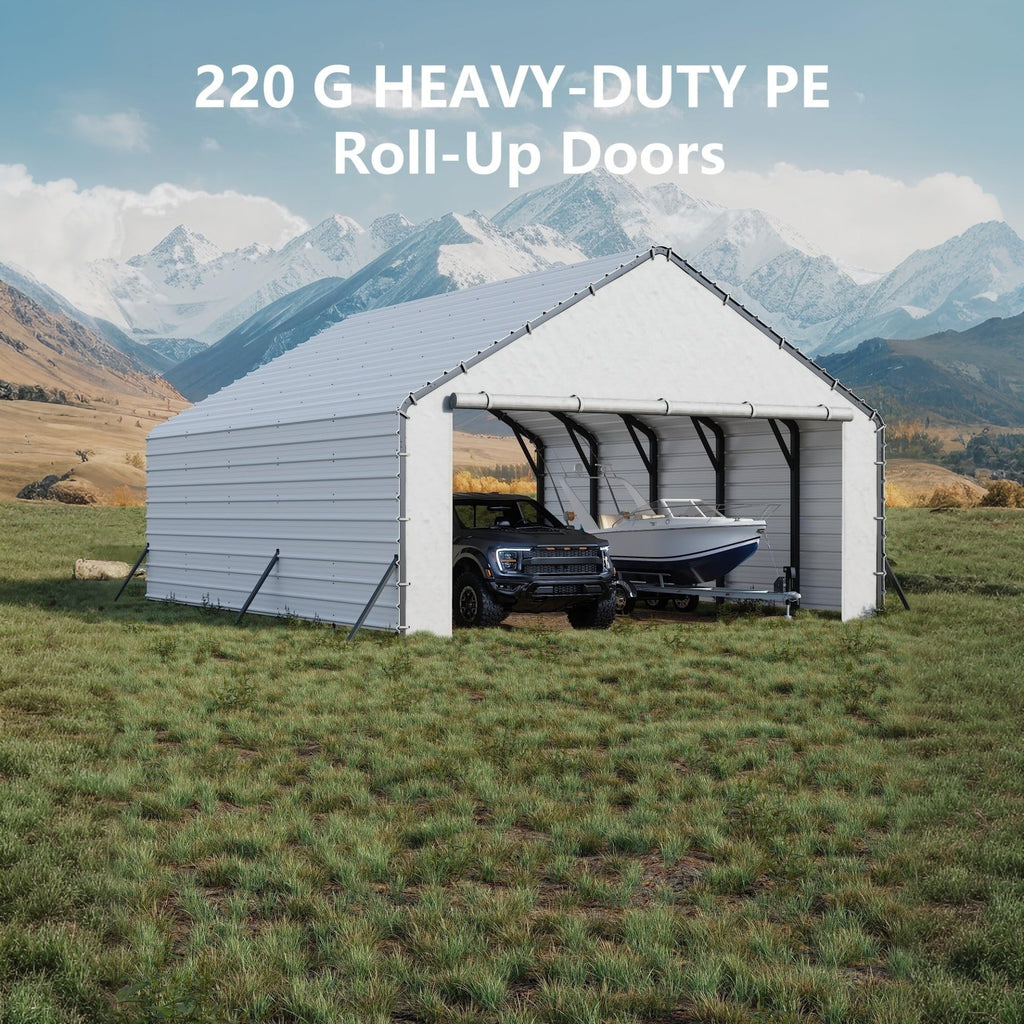 Garvee Door Panels with Zippers for Metal Carport 20x25ft & 20x20ft - Waterproof UV Protection - Polyethylene Tarp with 40 Bungee Balls - Easy Setup - White - Outdoor Shelter