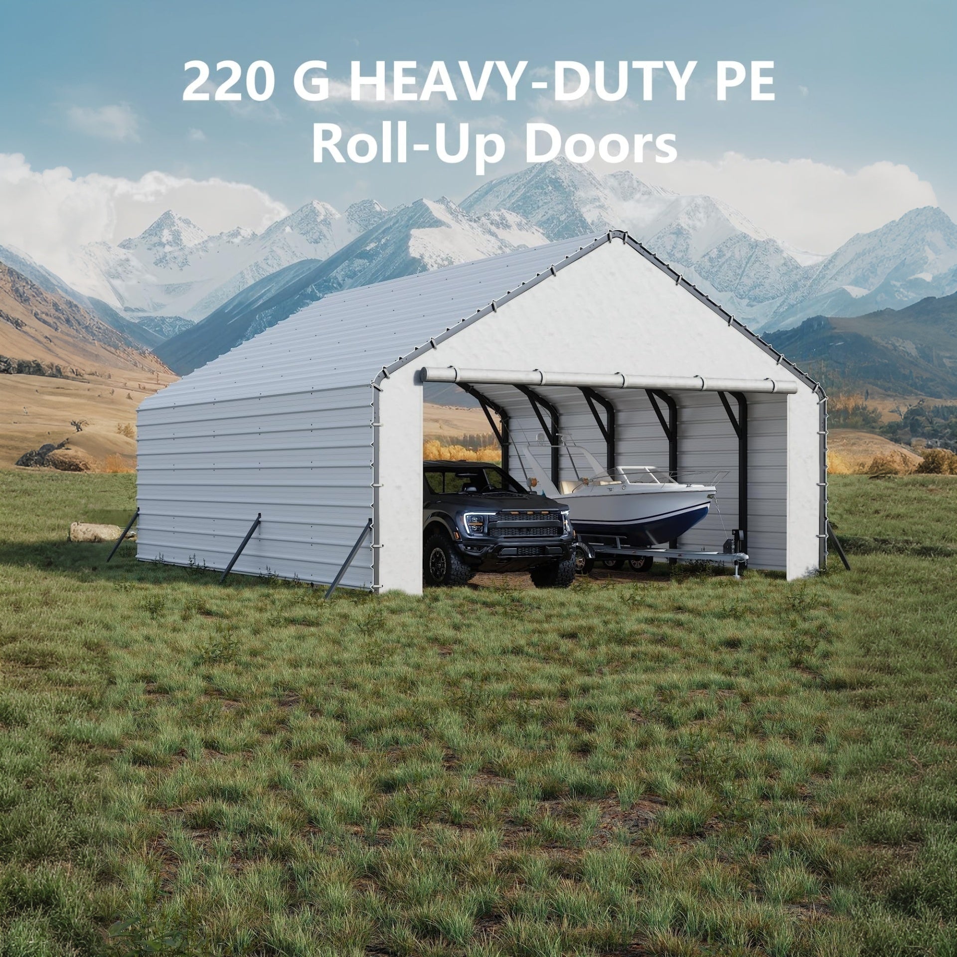 Garvee Door Panels with Zippers for Metal Carport 20x25ft & 20x20ft - Waterproof UV Protection - Polyethylene Tarp with 40 Bungee Balls - Easy Setup - White - Outdoor Shelter