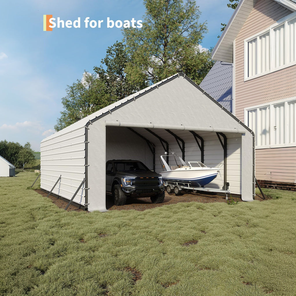 Garvee Door Panels with Zippers for Metal Carport 20x25ft & 20x20ft - Waterproof UV Protection - Polyethylene Tarp with 40 Bungee Balls - Easy Setup - White - Outdoor Shelter
