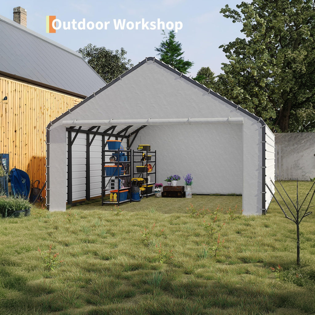 Garvee Door Panels with Zippers for Metal Carport 20x25ft & 20x20ft - Waterproof UV Protection - Polyethylene Tarp with 40 Bungee Balls - Easy Setup - White - Outdoor Shelter
