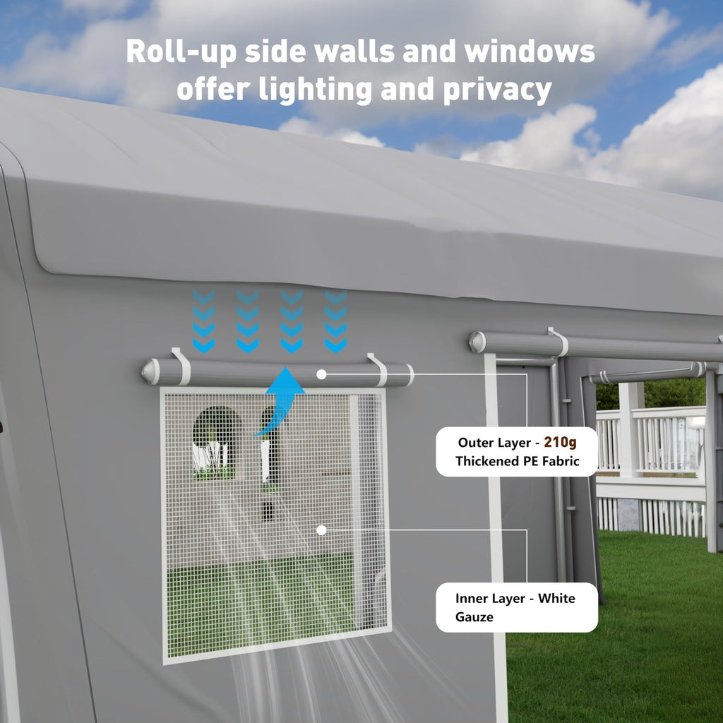 Garvee Carport Sidewall Replacement 1020-1320-180G Waterproof UV Protected Heavy Duty 180gsm PE Material Roll-Up Doors Mesh Windows Gray Garage Shelter