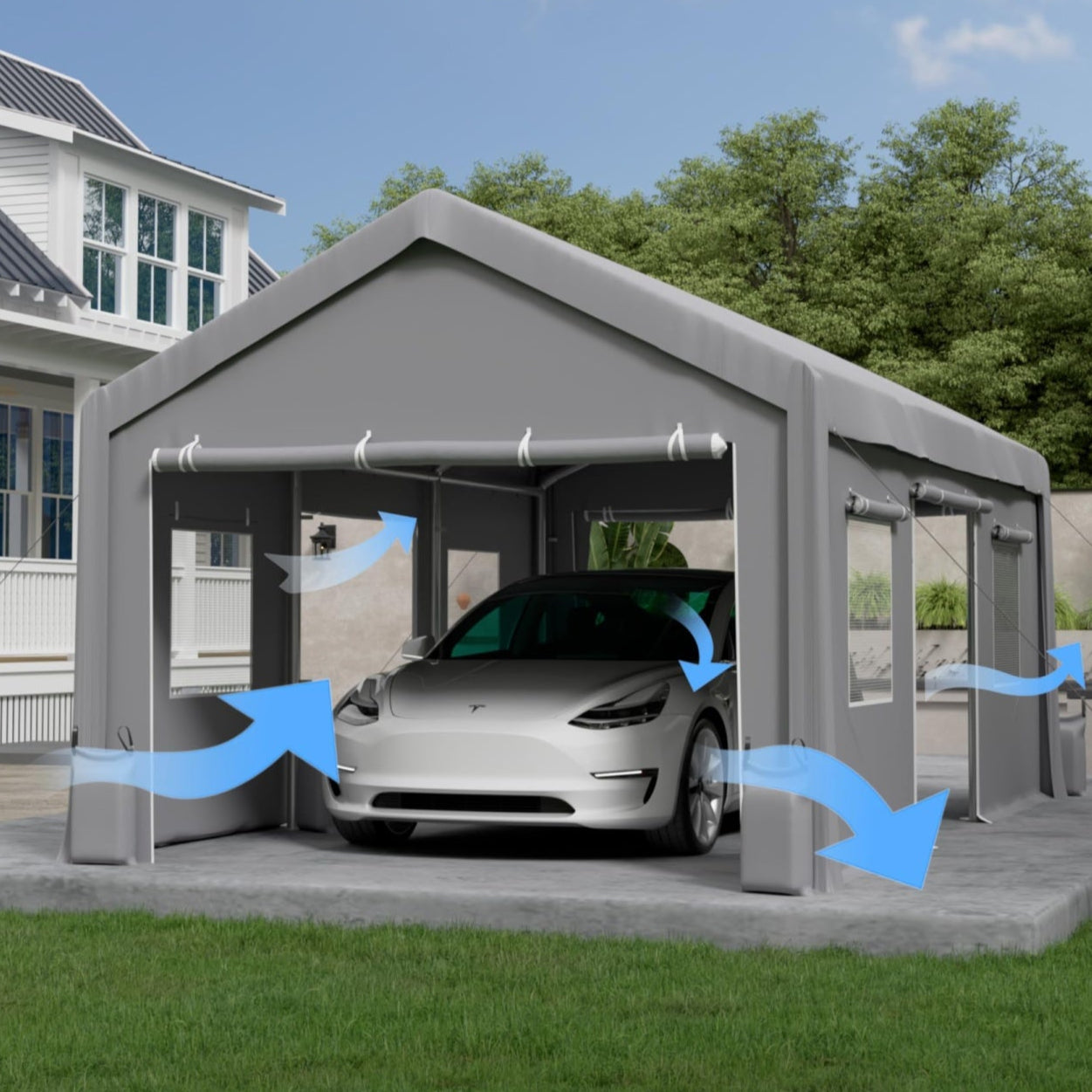 Garvee Carport Sidewall Replacement 1020-1320-180G Waterproof UV Protected Heavy Duty 180gsm PE Material Roll-Up Doors Mesh Windows Gray Garage Shelter
