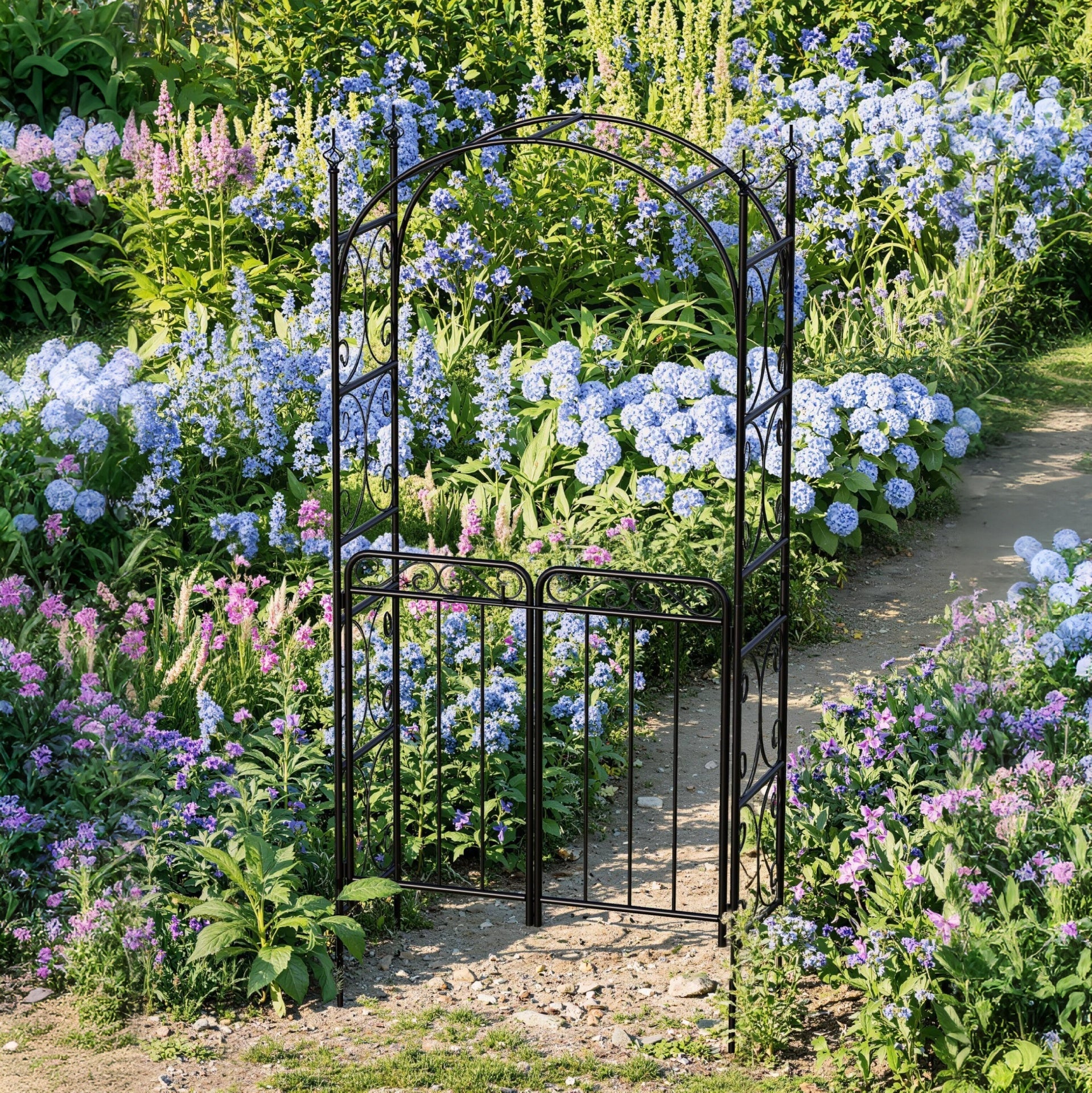 Garvee Garden Arch Arbor with Gate - Iron Trellis for Climbing Vines, Double-Door Gate, Weather-Resistant Powder Coating, Black, Wedding & Outdoor Decor