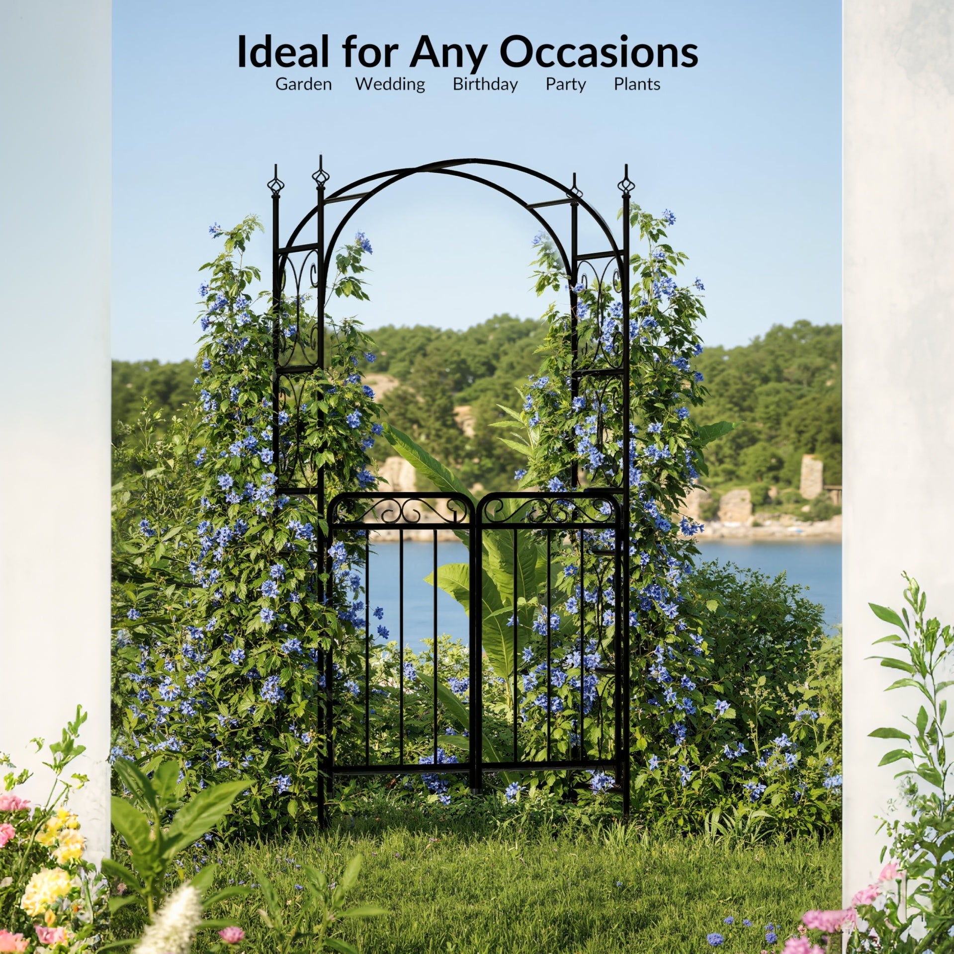 Garvee Garden Arch Arbor with Gate - Iron Trellis for Climbing Vines, Double-Door Gate, Weather-Resistant Powder Coating, Black, Wedding & Outdoor Decor