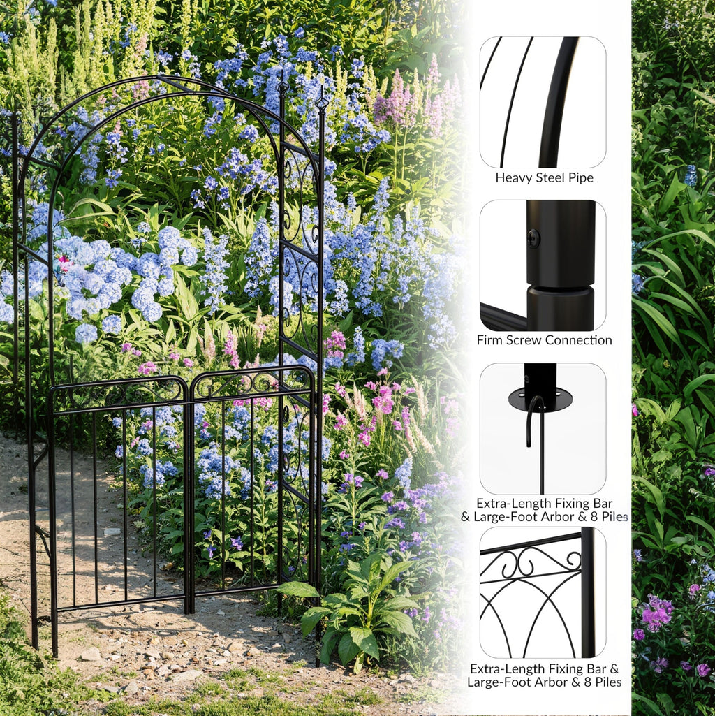 Garvee Garden Arch Arbor with Gate - Iron Trellis for Climbing Vines, Double-Door Gate, Weather-Resistant Powder Coating, Black, Wedding & Outdoor Decor