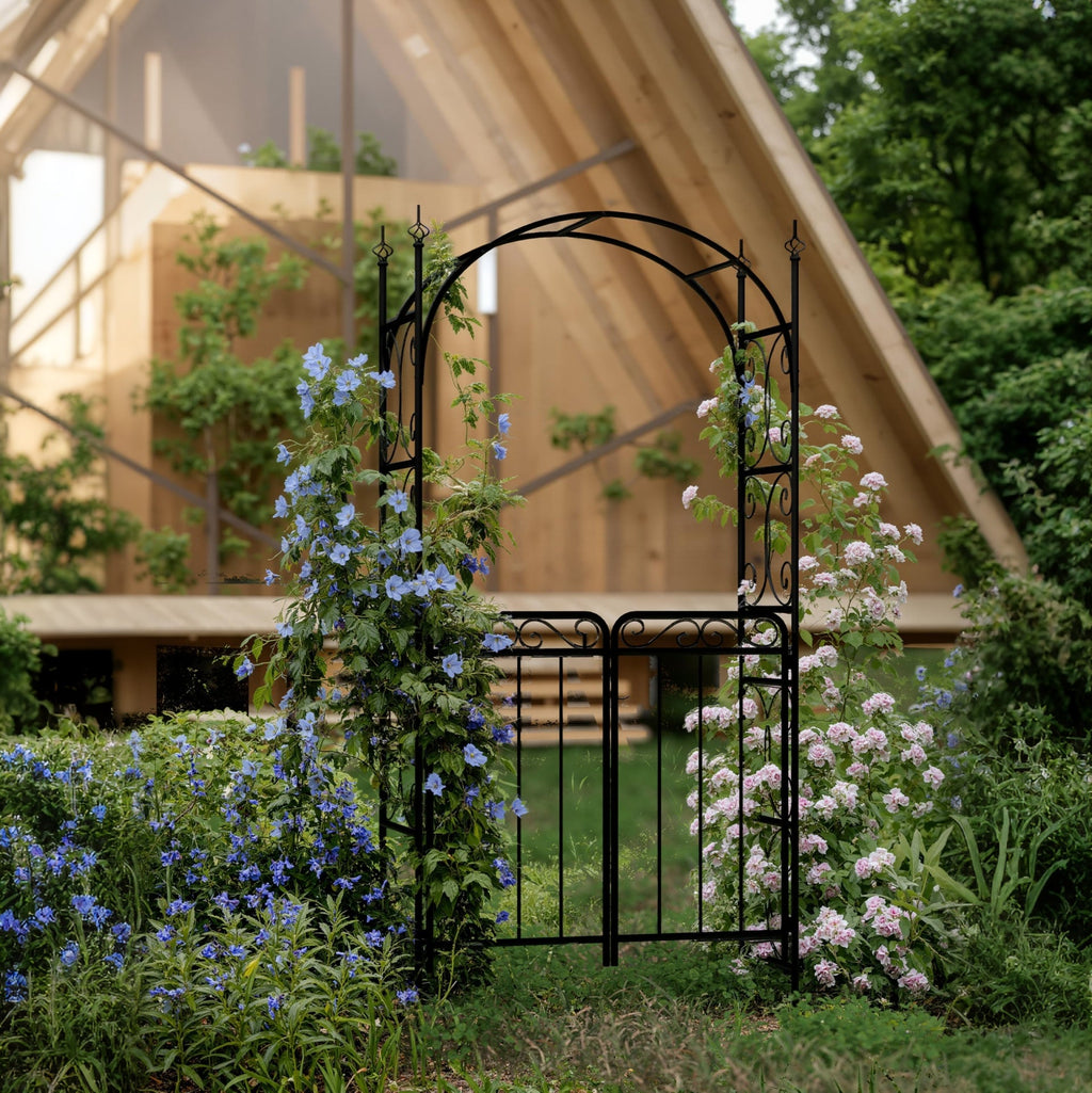 Garvee Garden Arch Arbor with Gate - Iron Trellis for Climbing Vines, Double-Door Gate, Weather-Resistant Powder Coating, Black, Wedding & Outdoor Decor