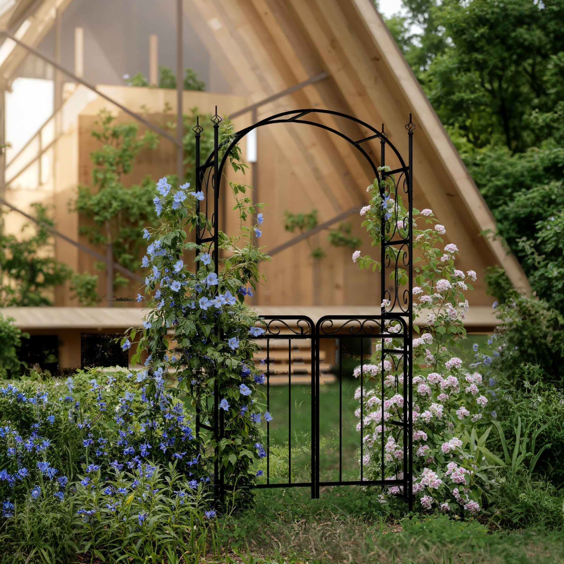Garvee Garden Arch Arbor with Gate - Iron Trellis for Climbing Vines, Double-Door Gate, Weather-Resistant Powder Coating, Black, Wedding & Outdoor Decor