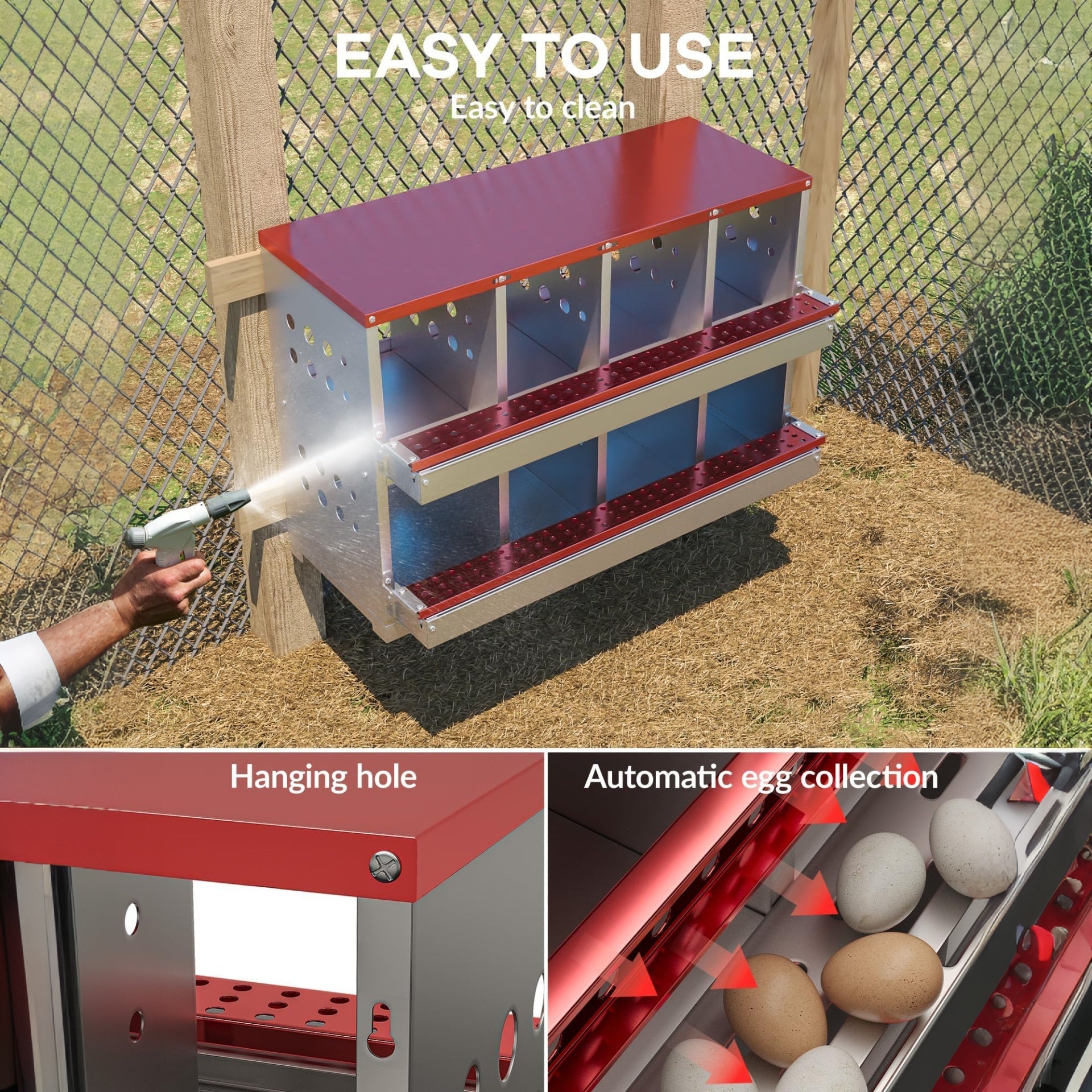 Garvee 8-Hole Chicken Nesting Box Metal Roll Away Automatic Egg Collection Galvanized Steel Rustproof Waterproof Ventilated Wall-Mountable Farm Use