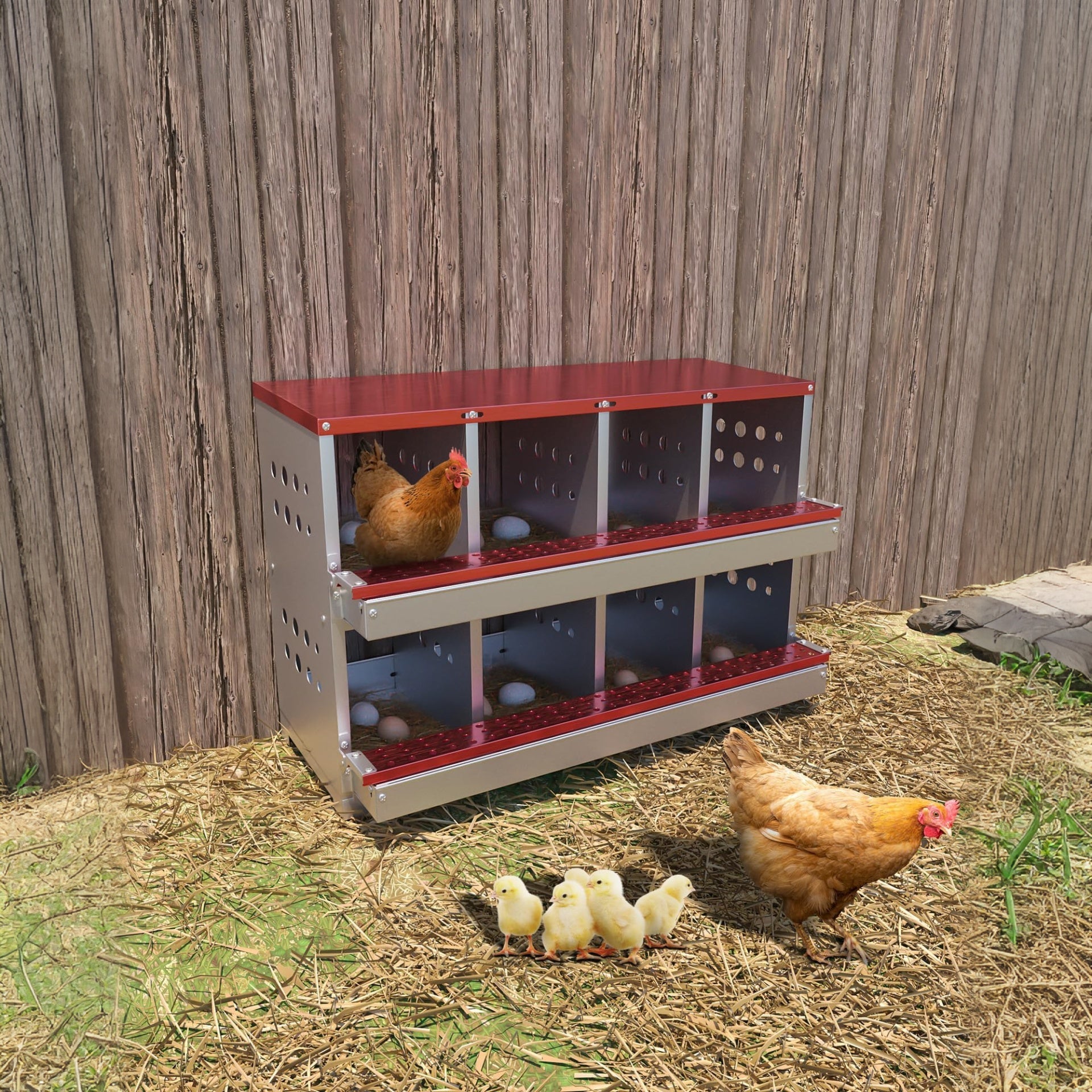 Garvee 8-Hole Chicken Nesting Box Metal Roll Away Automatic Egg Collection Galvanized Steel Rustproof Waterproof Ventilated Wall-Mountable Farm Use