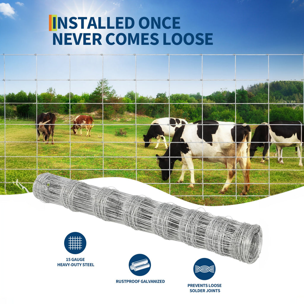 Garvee 5'x164' Cattle Fence - 15-Gauge Galvanized Steel with Zinc Coating, Reinforced Joints for Livestock & Garden Protection