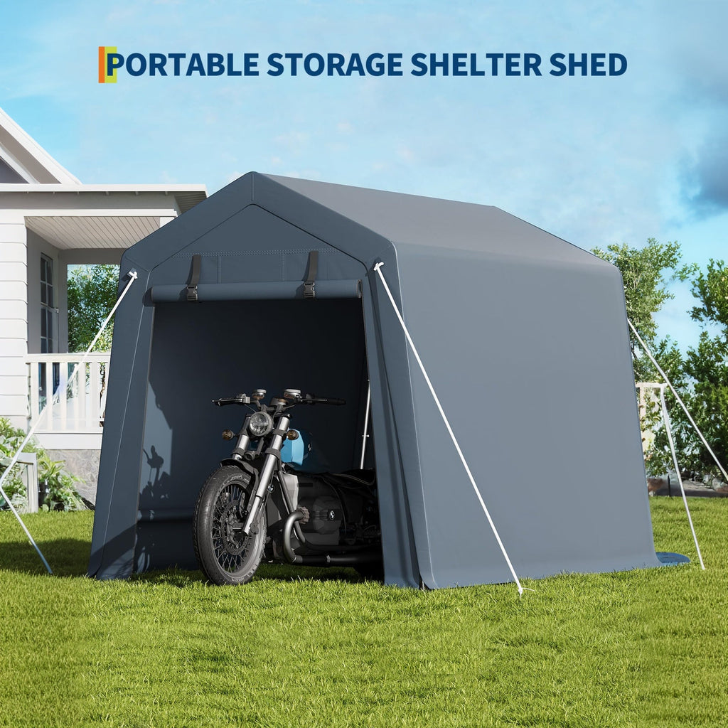 Garvee Portable Outdoor Storage Shed 6x8 FT with Dual Zipper Doors & Vents, 240G Waterproof PE Tarp, Heavy-Duty Steel Frame, UV-Resistant Gray, Carport for Motorcycle & Tools