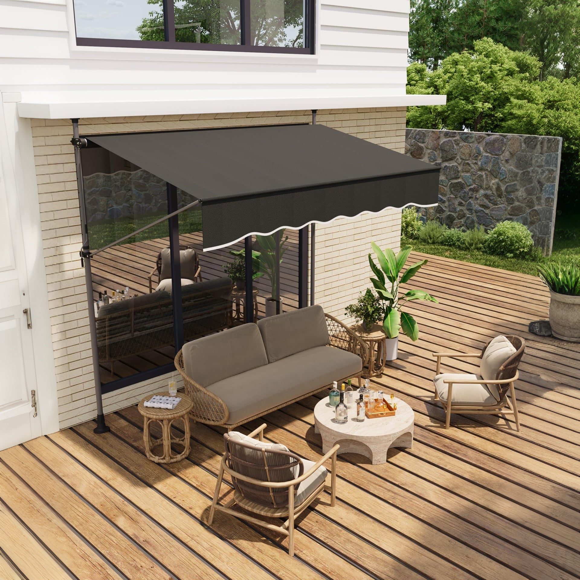 Garvee 118"x118"  Retractable Patio Awning, Manual Outdoor Sunshade, Adjustable Height & Angle, UV Resistant & Water-Resistant, Aluminum Frame, Black