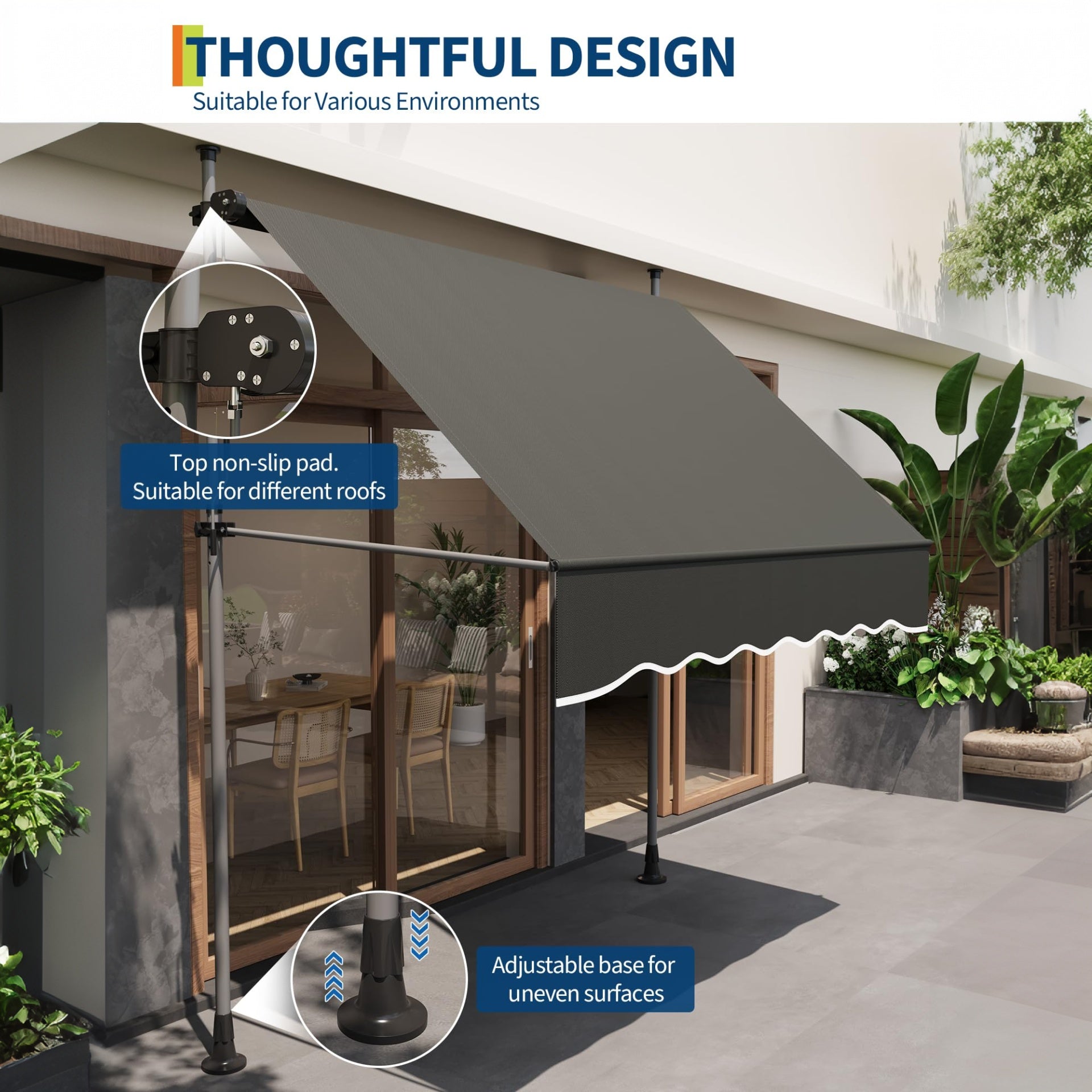 Garvee 118"x118"  Retractable Patio Awning, Manual Outdoor Sunshade, Adjustable Height & Angle, UV Resistant & Water-Resistant, Aluminum Frame, Black