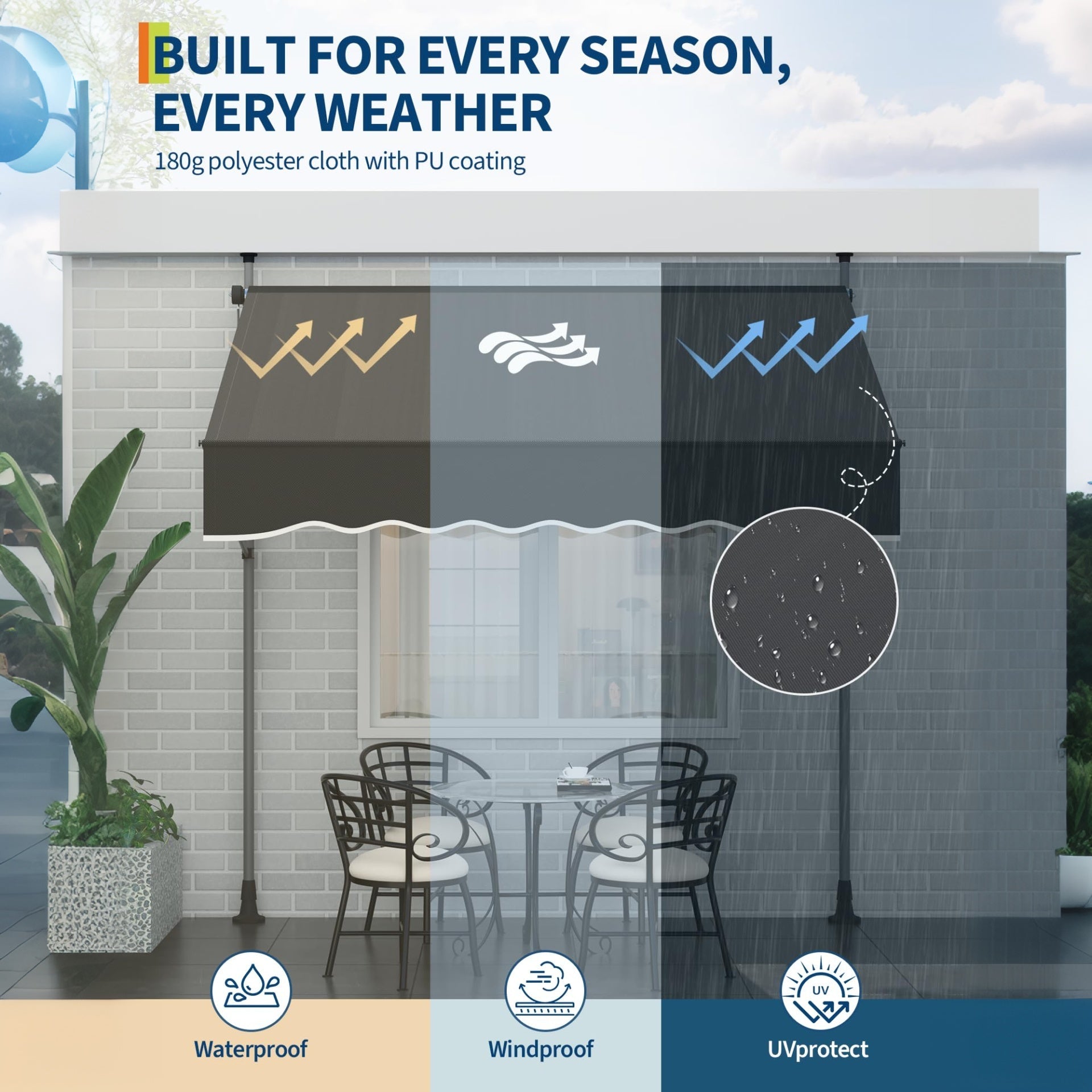 Garvee 118"x118"  Retractable Patio Awning, Manual Outdoor Sunshade, Adjustable Height & Angle, UV Resistant & Water-Resistant, Aluminum Frame, Black