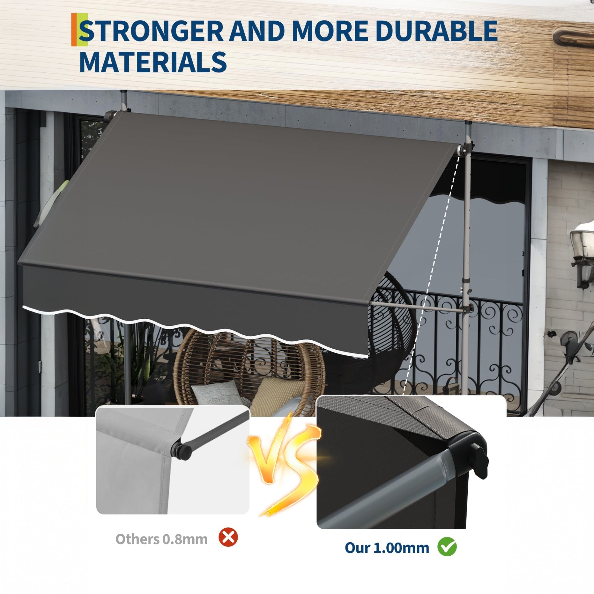 Garvee 118"x118"  Retractable Patio Awning, Manual Outdoor Sunshade, Adjustable Height & Angle, UV Resistant & Water-Resistant, Aluminum Frame, Black