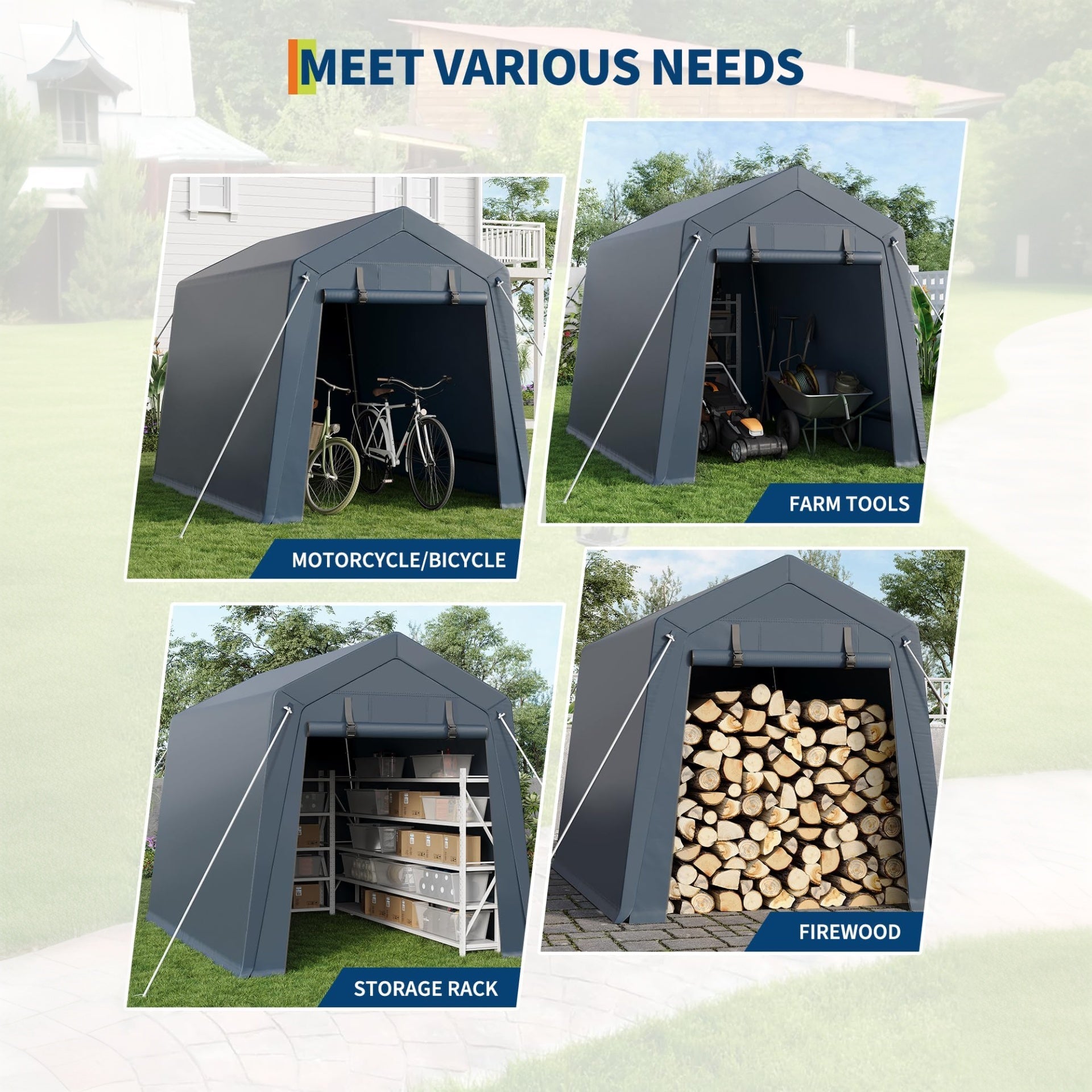 Garvee 7x10 FT Portable Outdoor Storage Shed – Dual Roll-Up Zipper Doors, Vented, 240G Waterproof UV-Resistant PE Tarp, Steel Frame, Gray Shelter