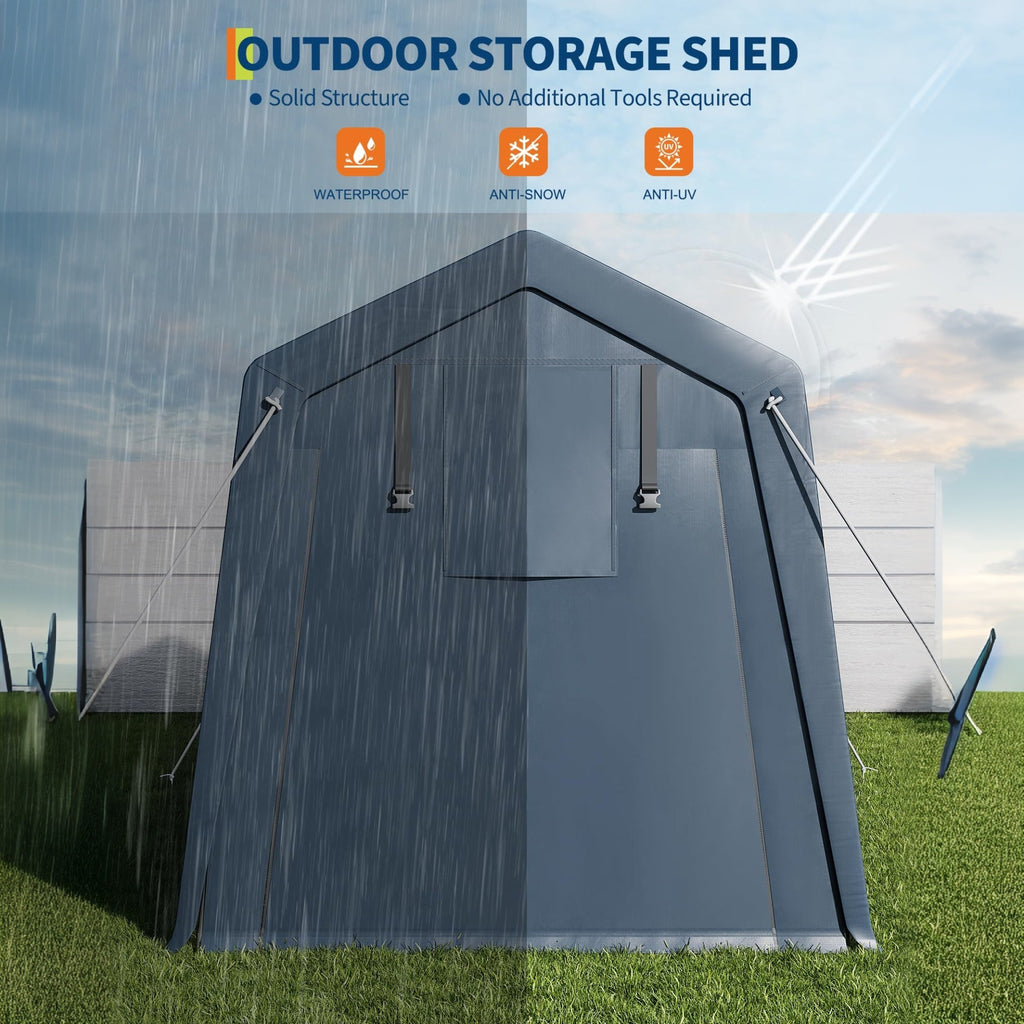Garvee 7x10 FT Portable Outdoor Storage Shed – Dual Roll-Up Zipper Doors, Vented, 240G Waterproof UV-Resistant PE Tarp, Steel Frame, Gray Shelter